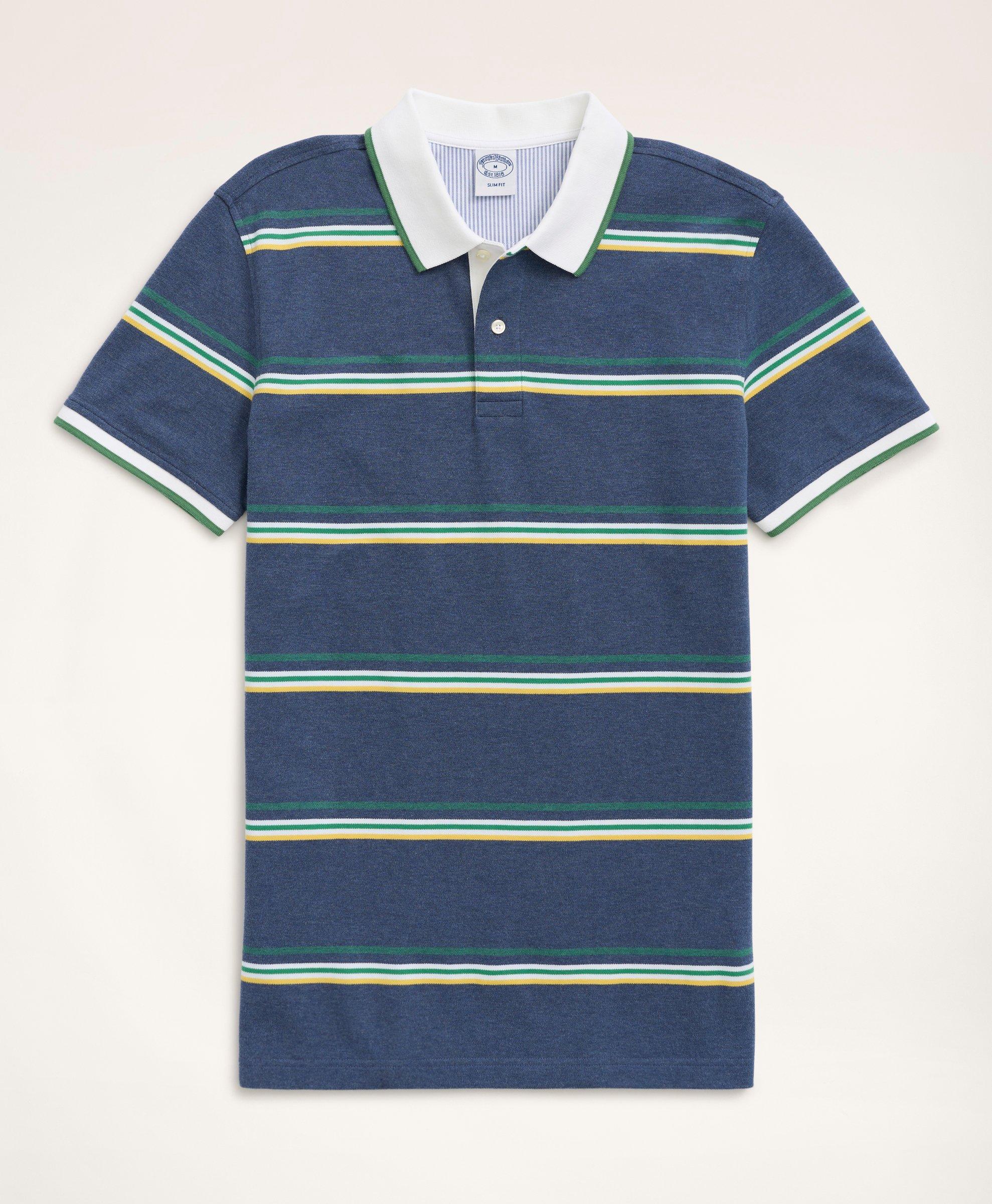 Mens Polo Shirt Luxury Print Stripe Sleeves Collar Slim Fit Stretch Golf  Casual