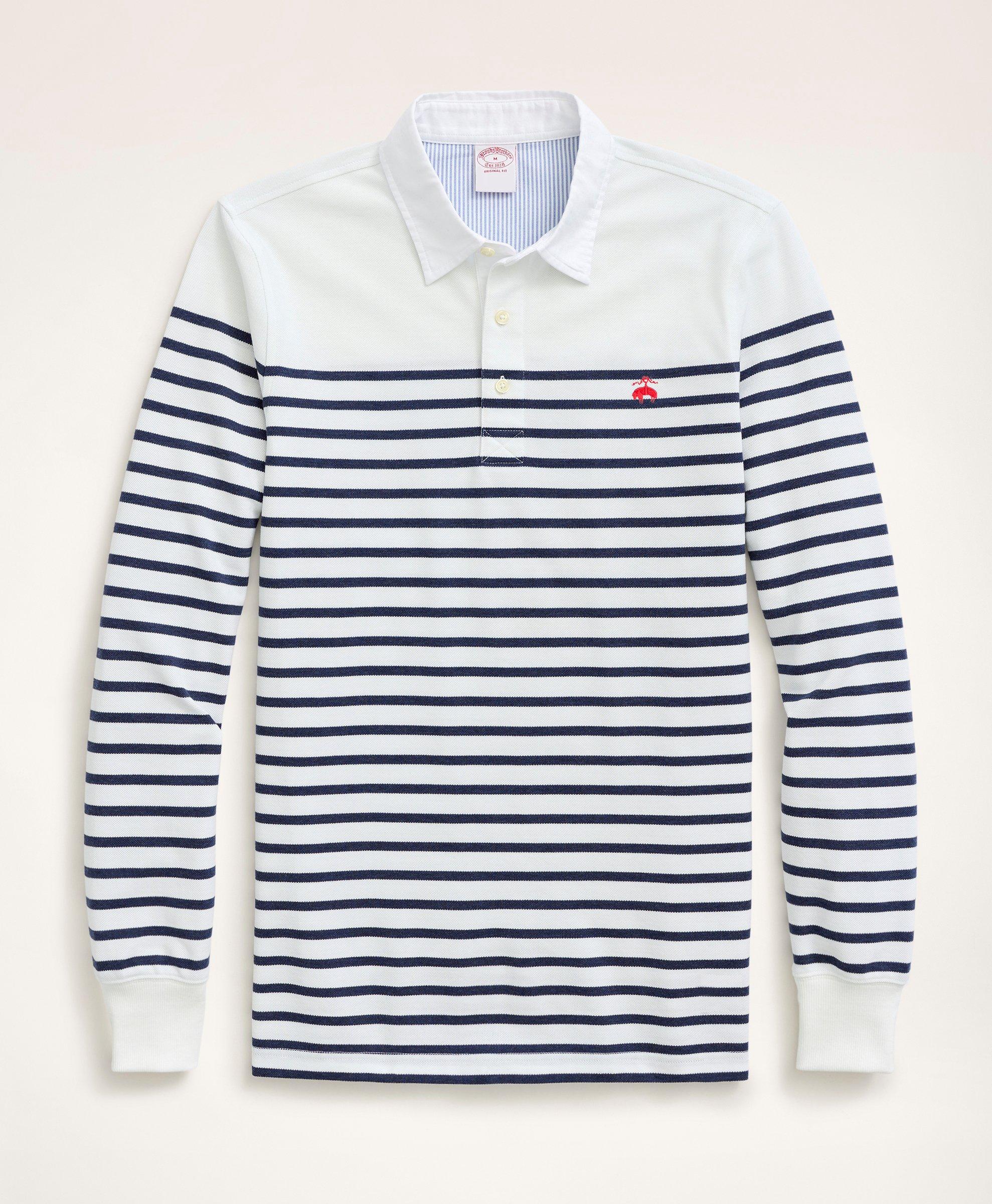 Brooks Brothers Supima Cotton Mariner Stripe Long-sleeve Polo Shirt | White | Size Xl