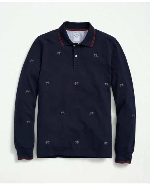 Brooks Brothers Cotton Pique Long-sleeve Embroidered Dog Polo Shirt | Navy | Size Small