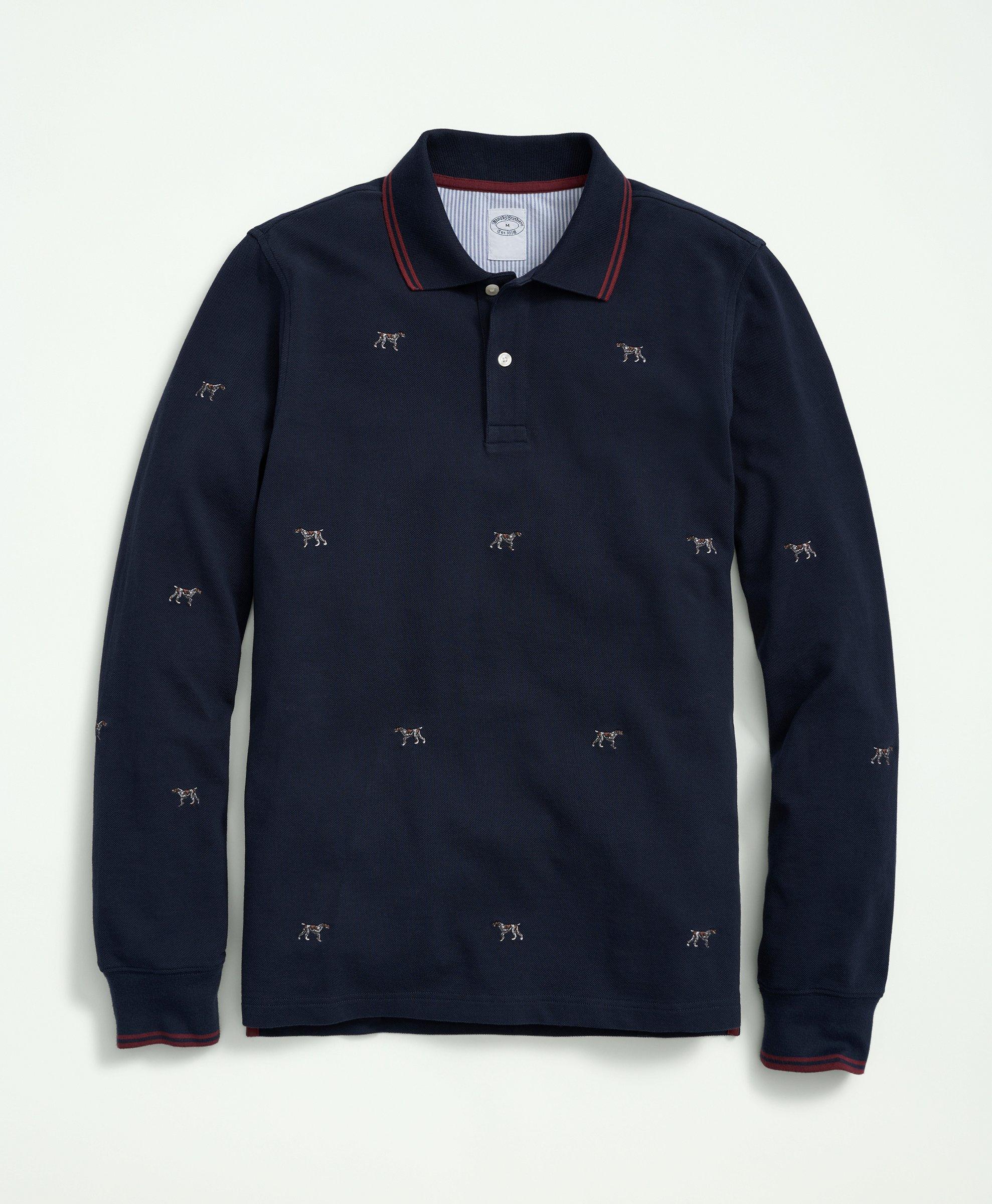 Brooks Brothers Cotton Pique Long-sleeve Embroidered Dog Polo Shirt | Navy | Size Large