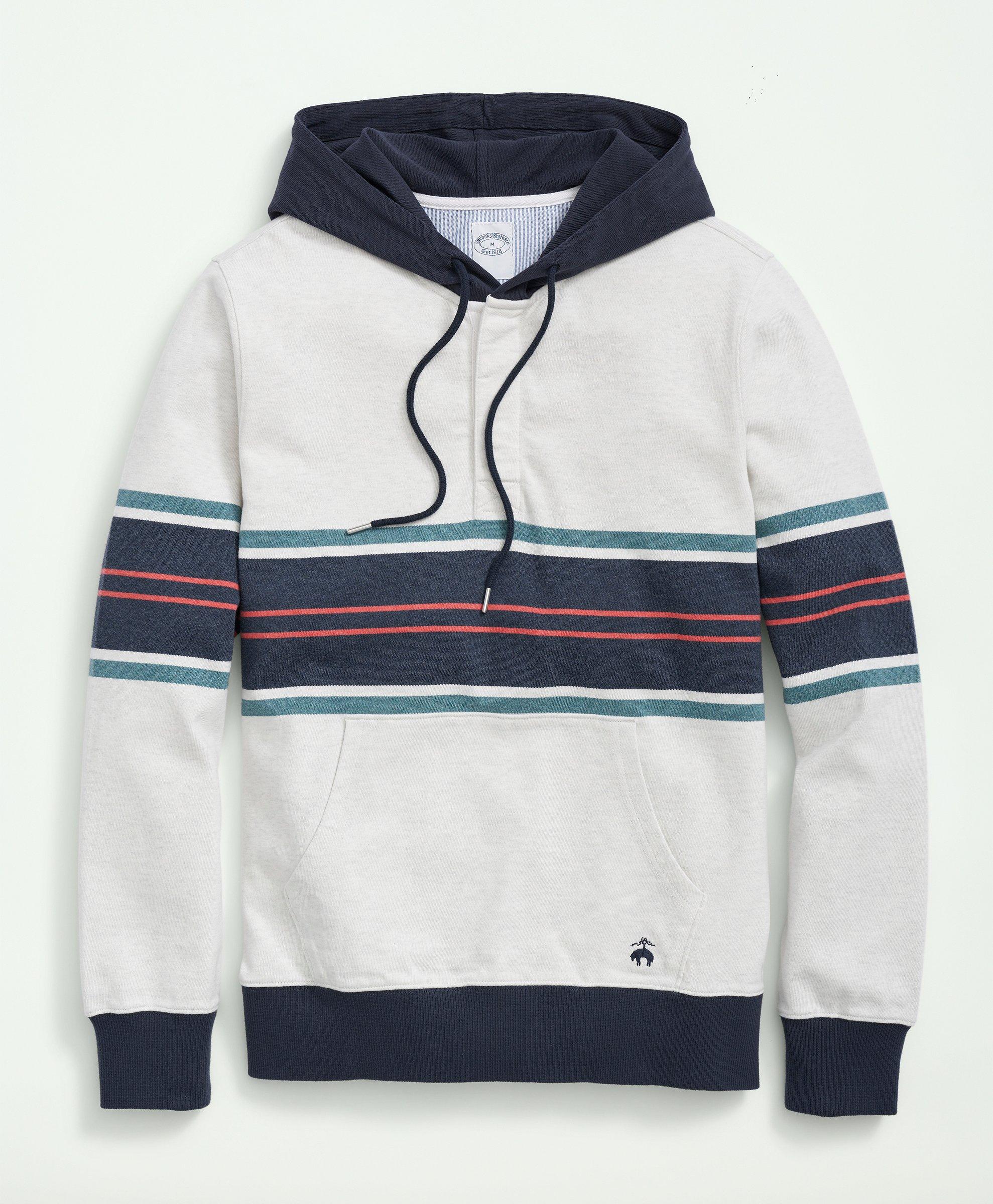 BROOKS BROTHERS COTTON CHEST STRIPE HOODIE | WHITE | SIZE 2XL