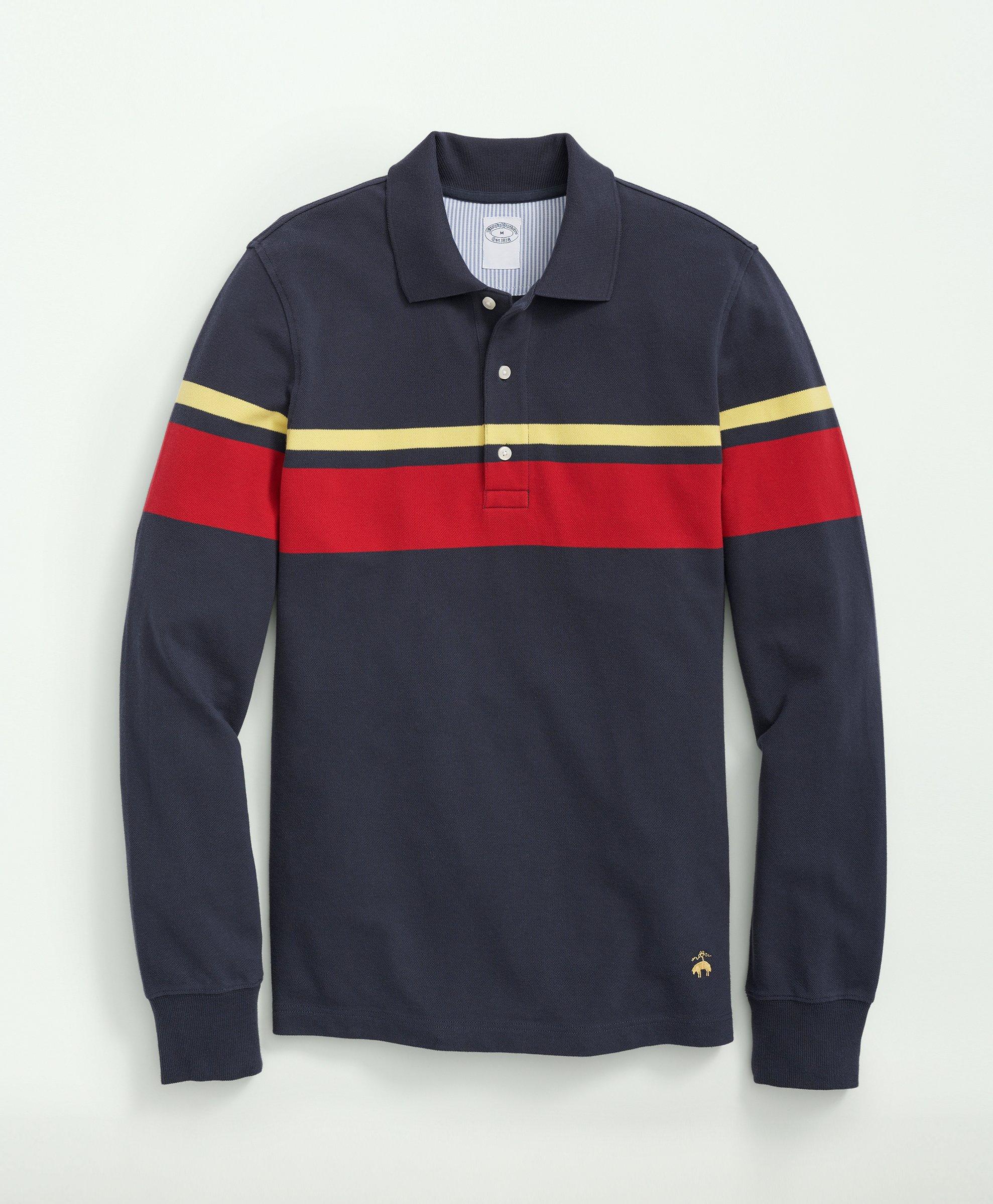 Brooks Brothers Golden Fleece Stretch Supima Cotton Pique Long-sleeve Chest Striped Polo Shirt | Navy | Size Small