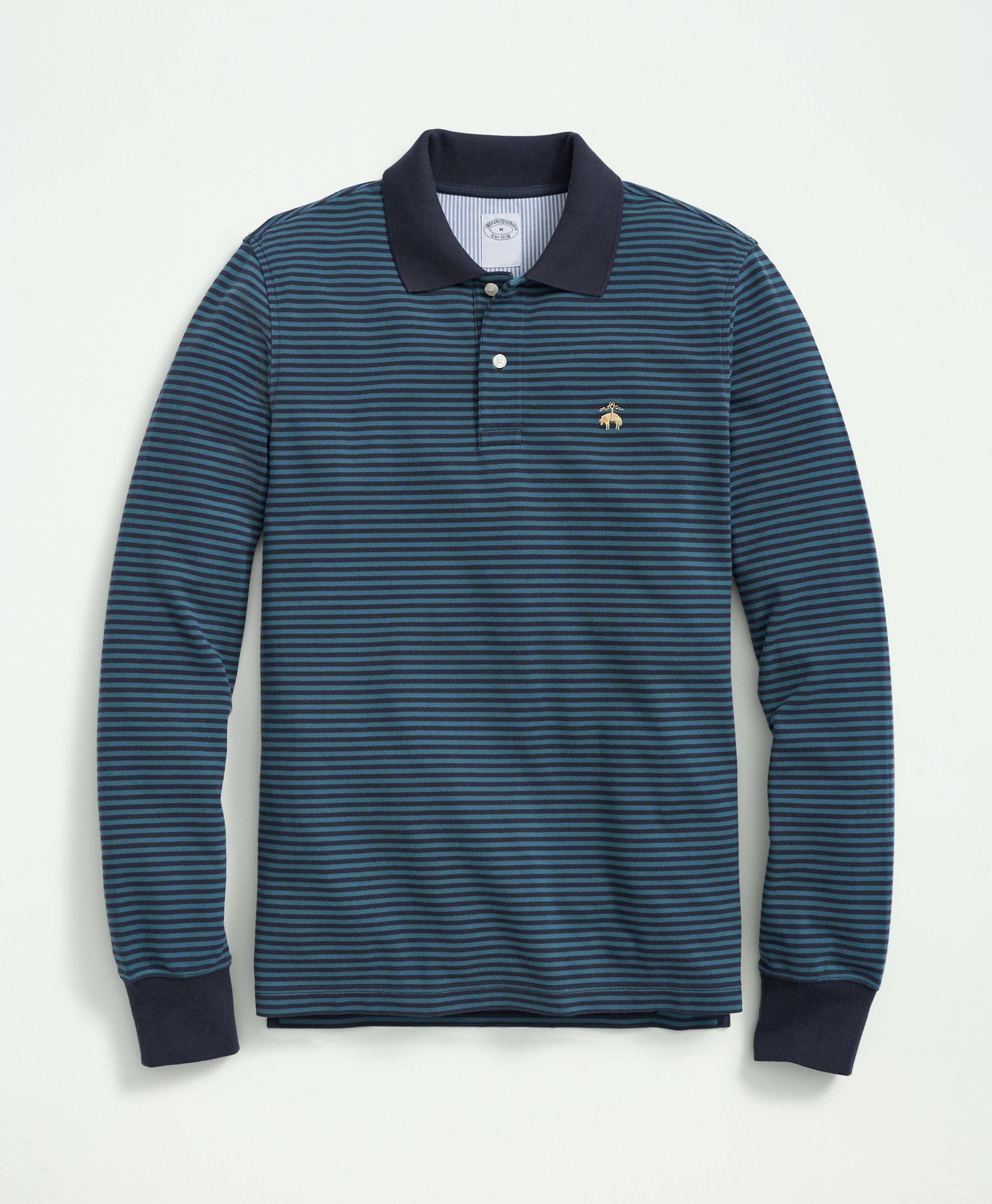 Brooks Brothers Golden Fleece Stretch Supima Cotton Pique Long-sleeve Feeder Striped Polo Shirt | Green/navy | Size In Green,navy