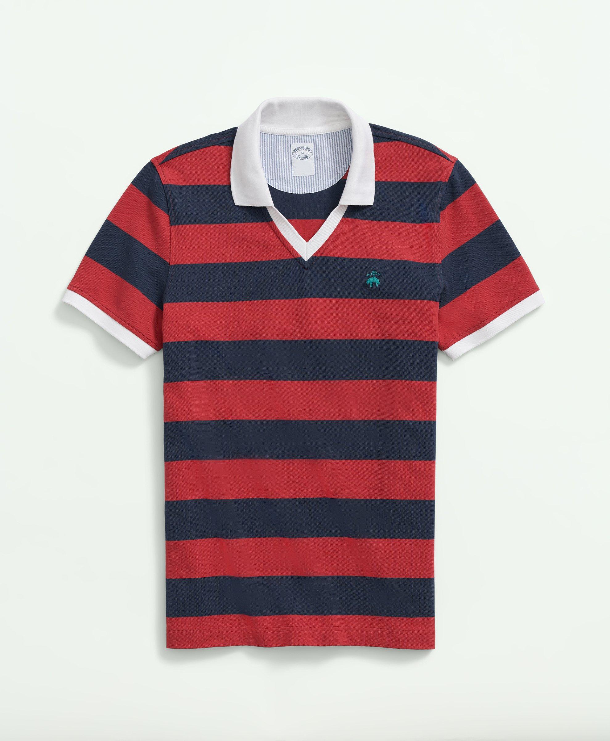 Shop Brooks Brothers Johnny Collar Rugby Stripe Polo Shirt In Supima Cotton | Red | Size Large