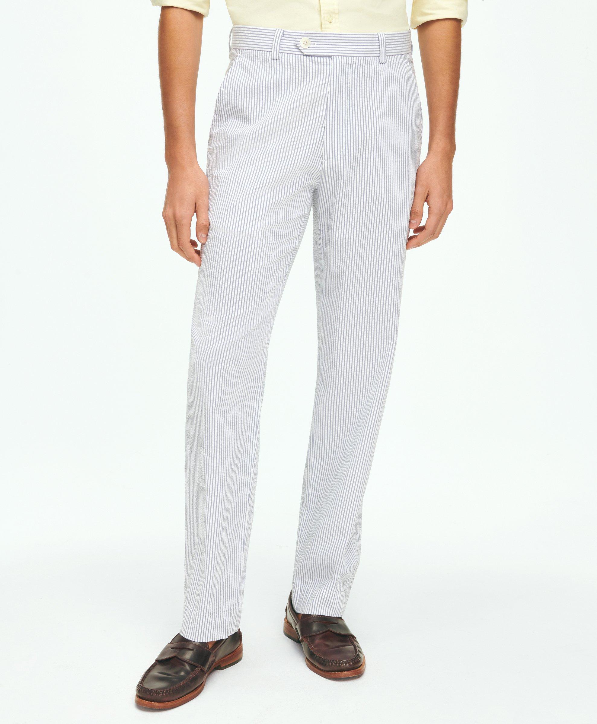 Brooks Brothers Regular Fit Cotton Seersucker Pants In Classic Stripe In Blue,ivory