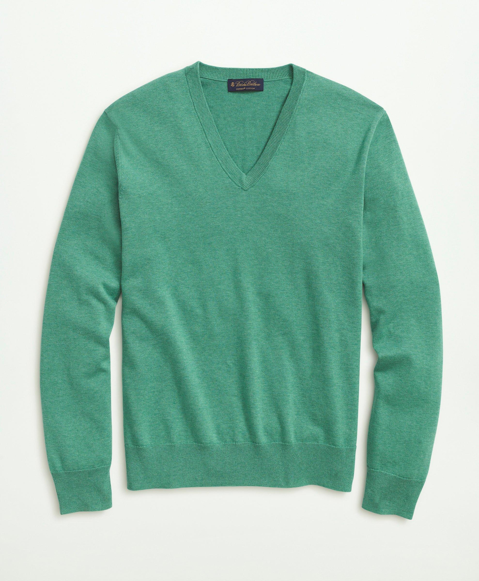 Brooks Brothers Supima Cotton V-neck Sweater | Green Heather | Size Medium