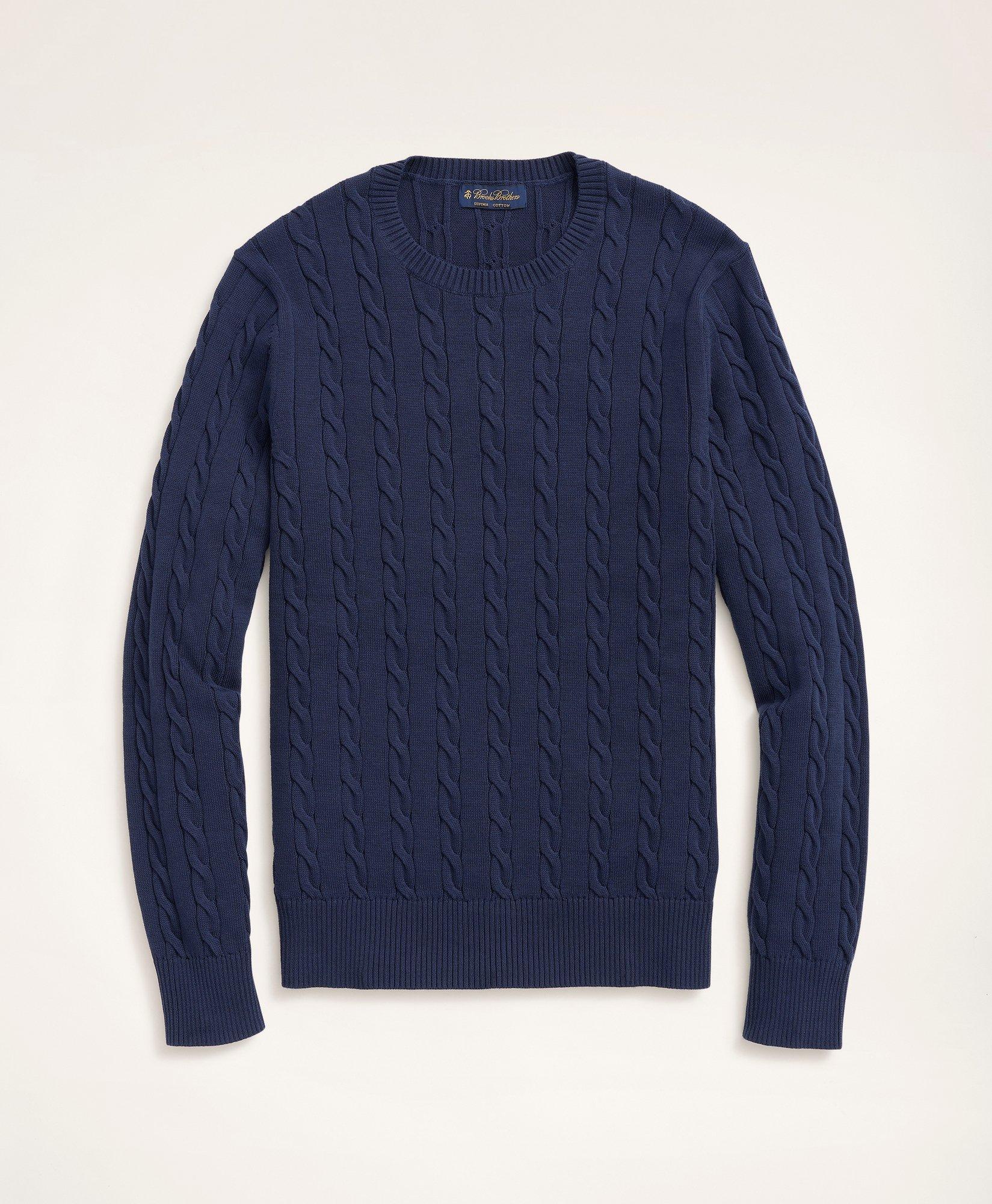 Navy Merino and Cashmere Cable Crewneck Sweater