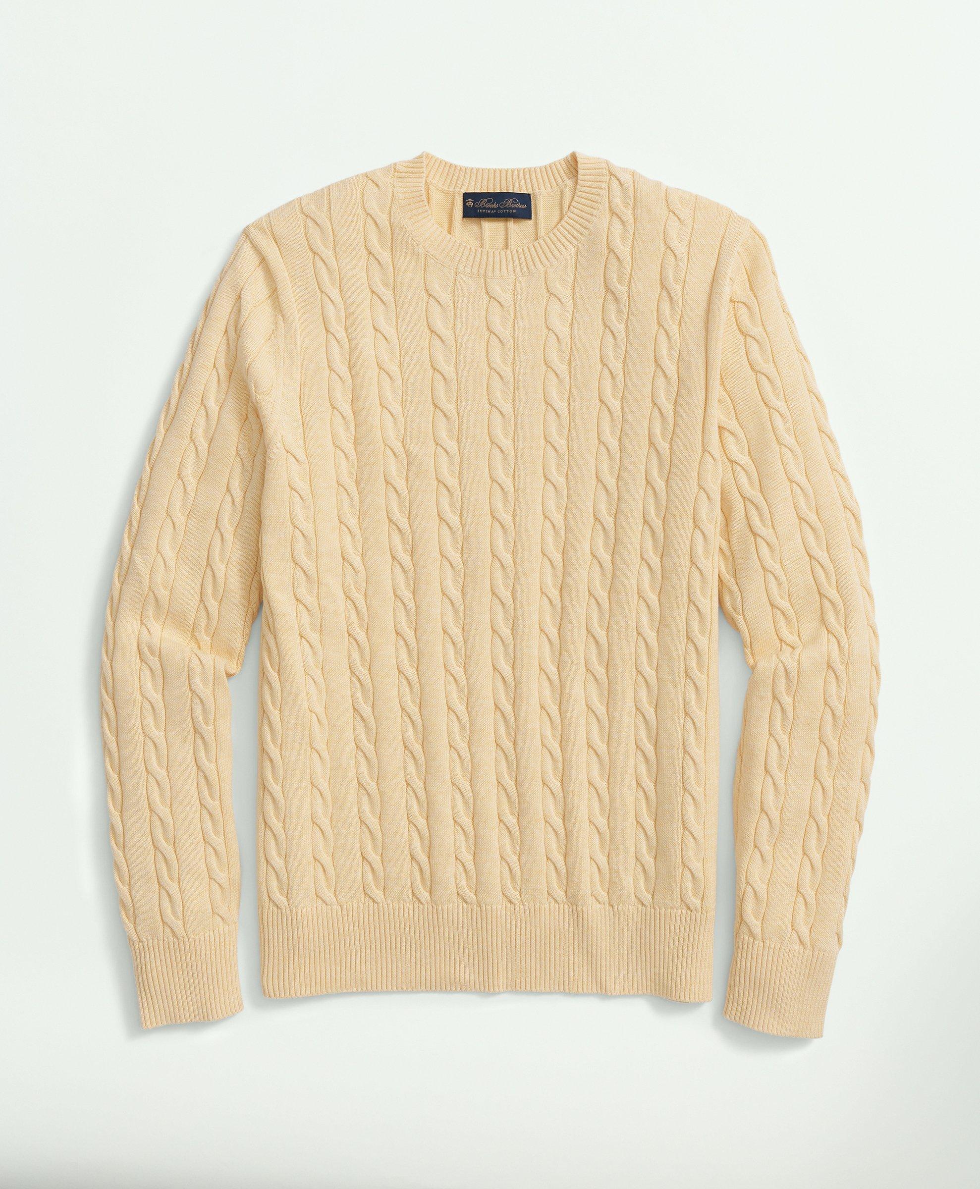 Brooks Brothers Supima Cotton Cable Crewneck Sweater | Yellow Heather | Size Medium