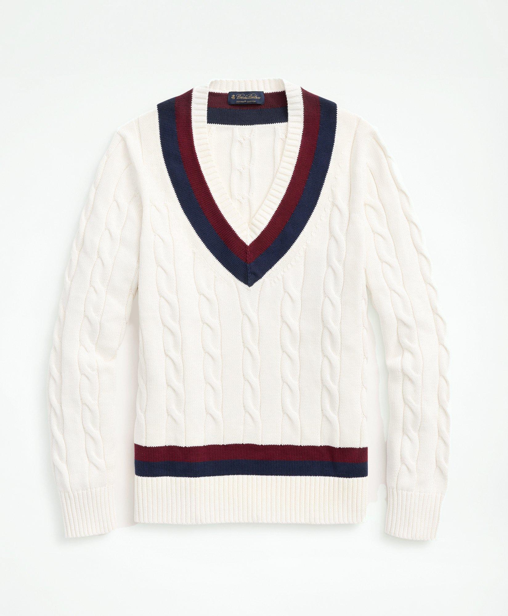 Brooks Brothers Vintage-inspired Tennis V-neck Sweater In Supima Cotton | Ivory | Size Medium