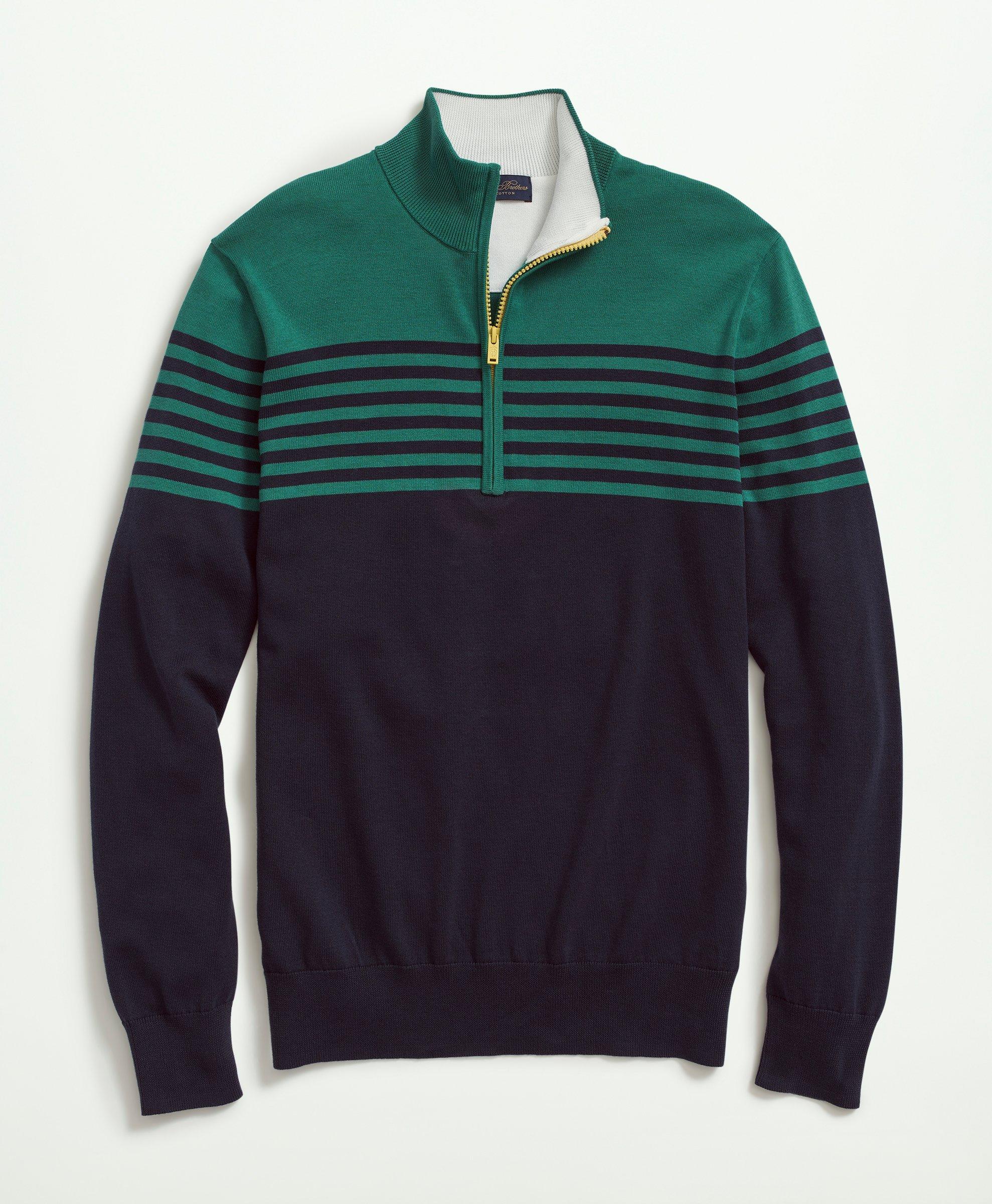Brooks Brothers Supima Cotton Half-zip Mariner Stripe Sweater | Green | Size Large