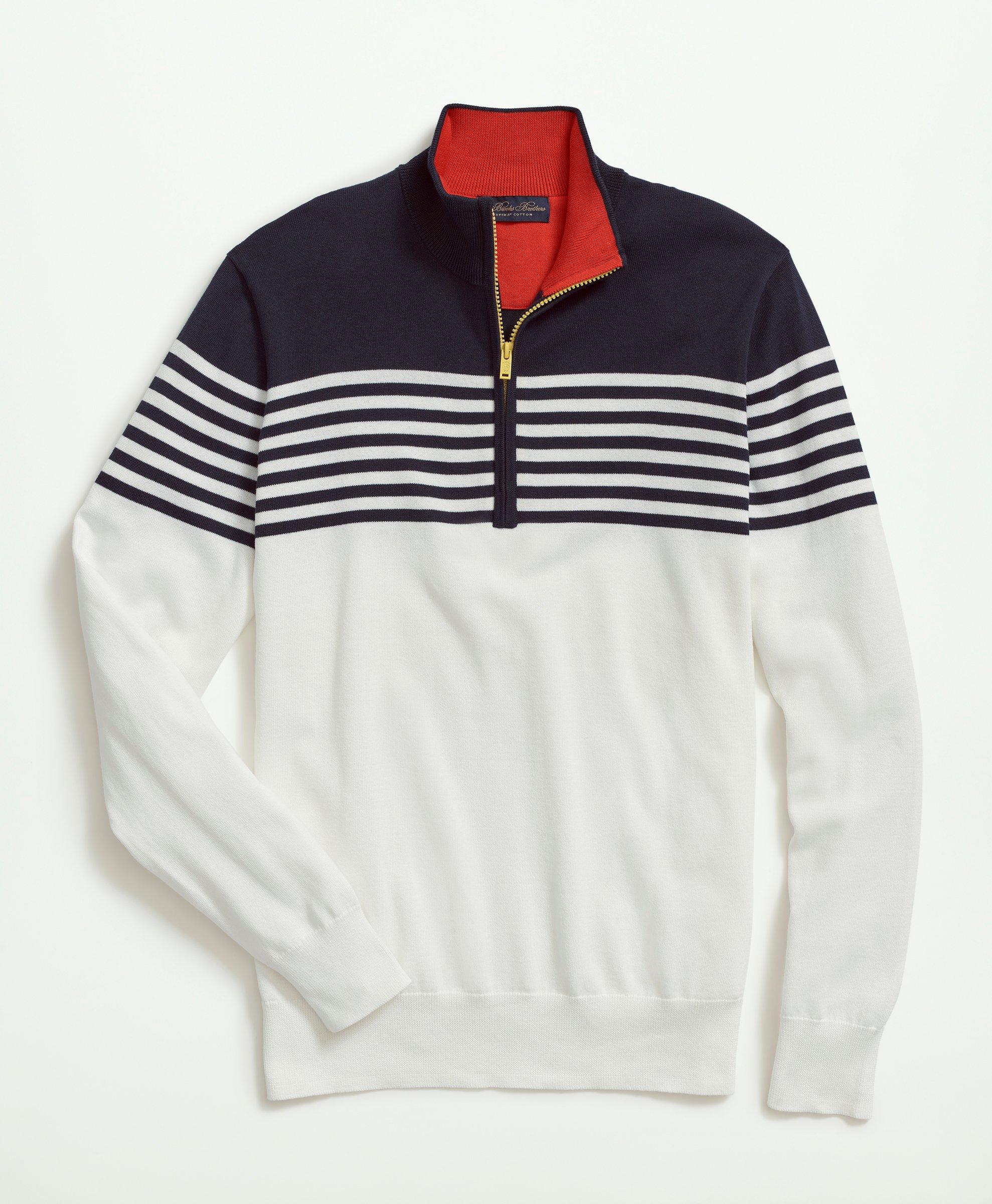 Brooks Brothers Supima Cotton Half-zip Mariner Stripe Sweater | Navy | Size Xl