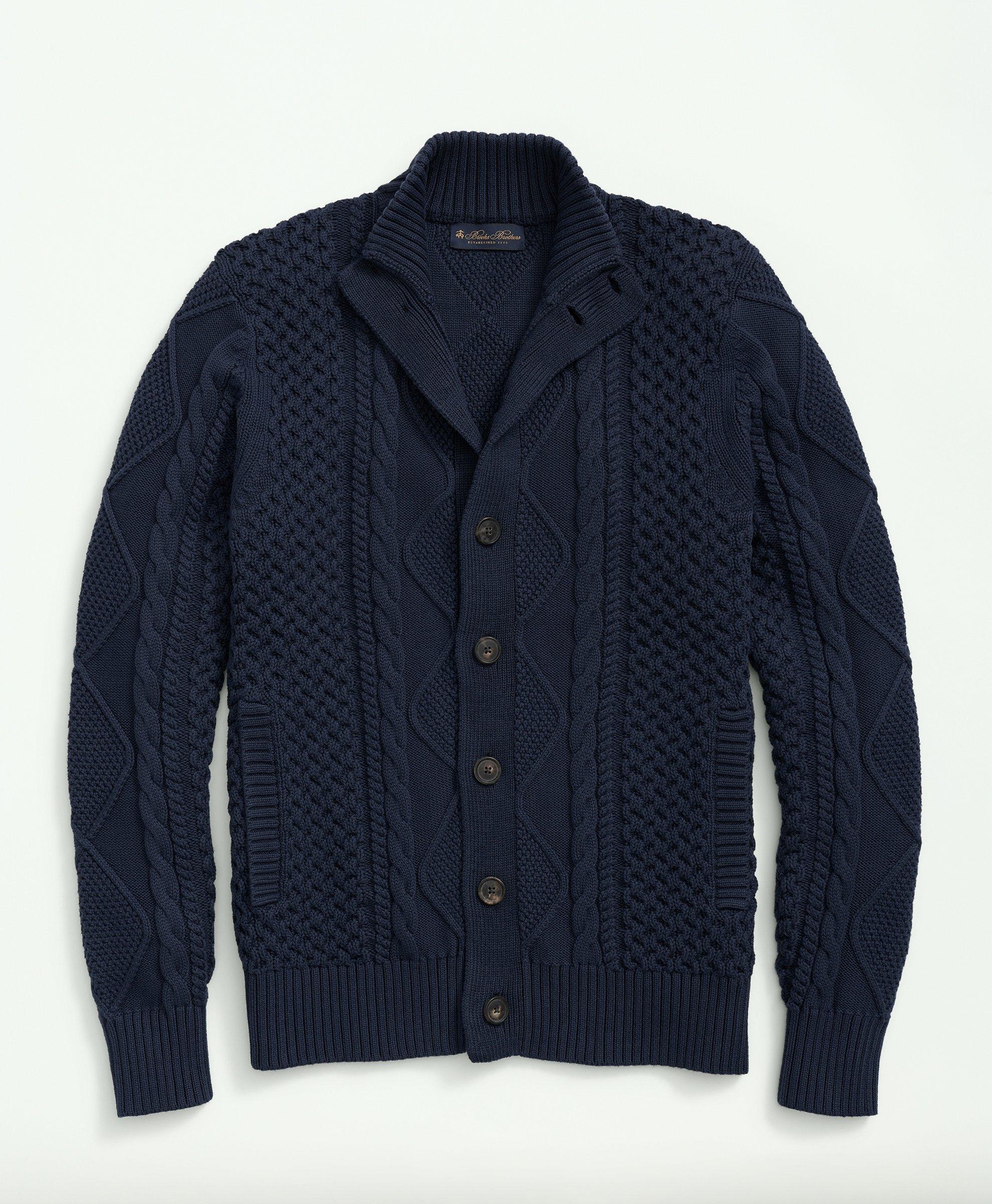 Brooks Brothers Cotton Stand Collar Aran Knit Cardigan | Navy | Size Medium