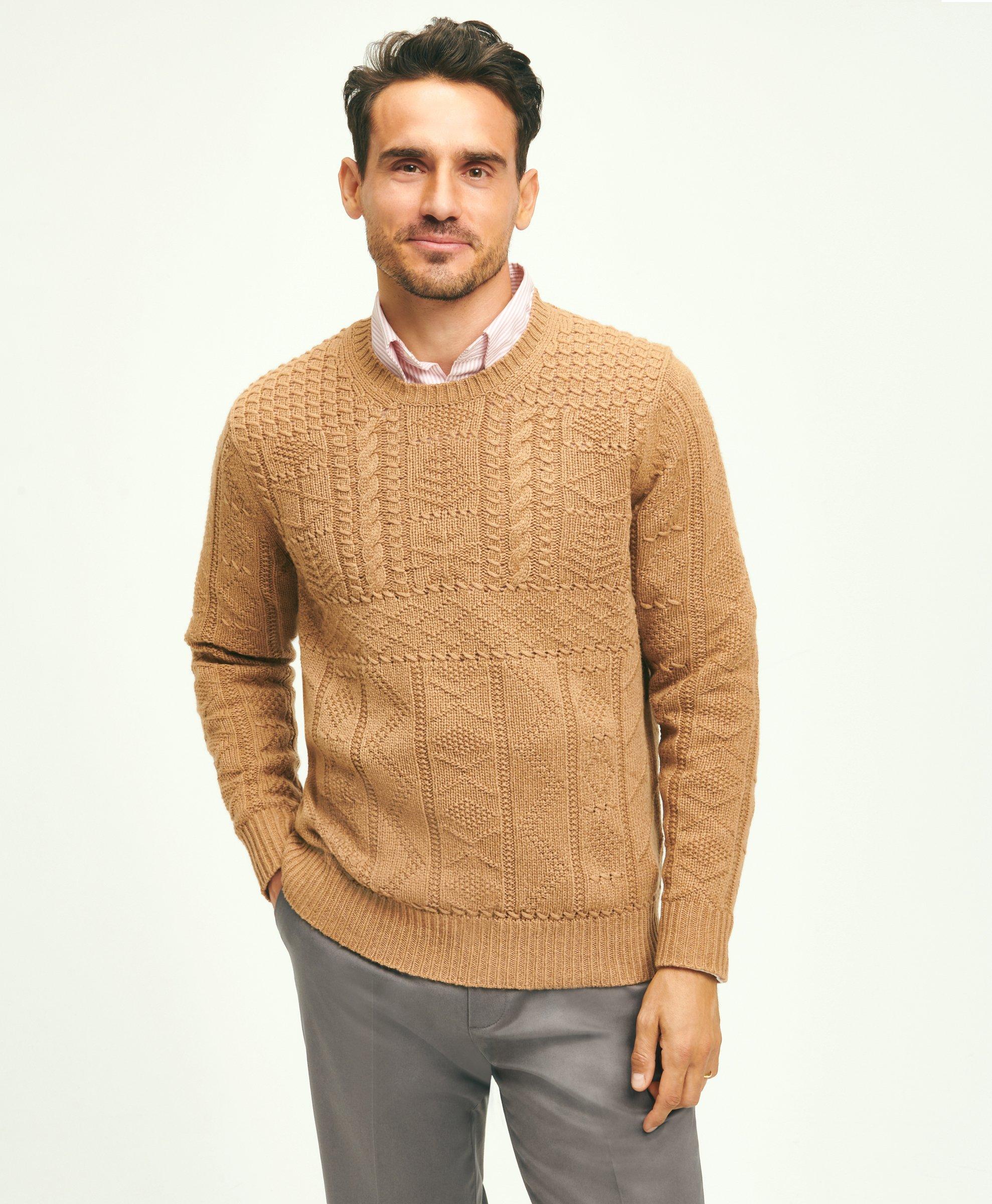 BROOKS BROTHERS CAMEL HAIR CABLE KNIT CREWNECK SWEATER | BROWN | SIZE MEDIUM