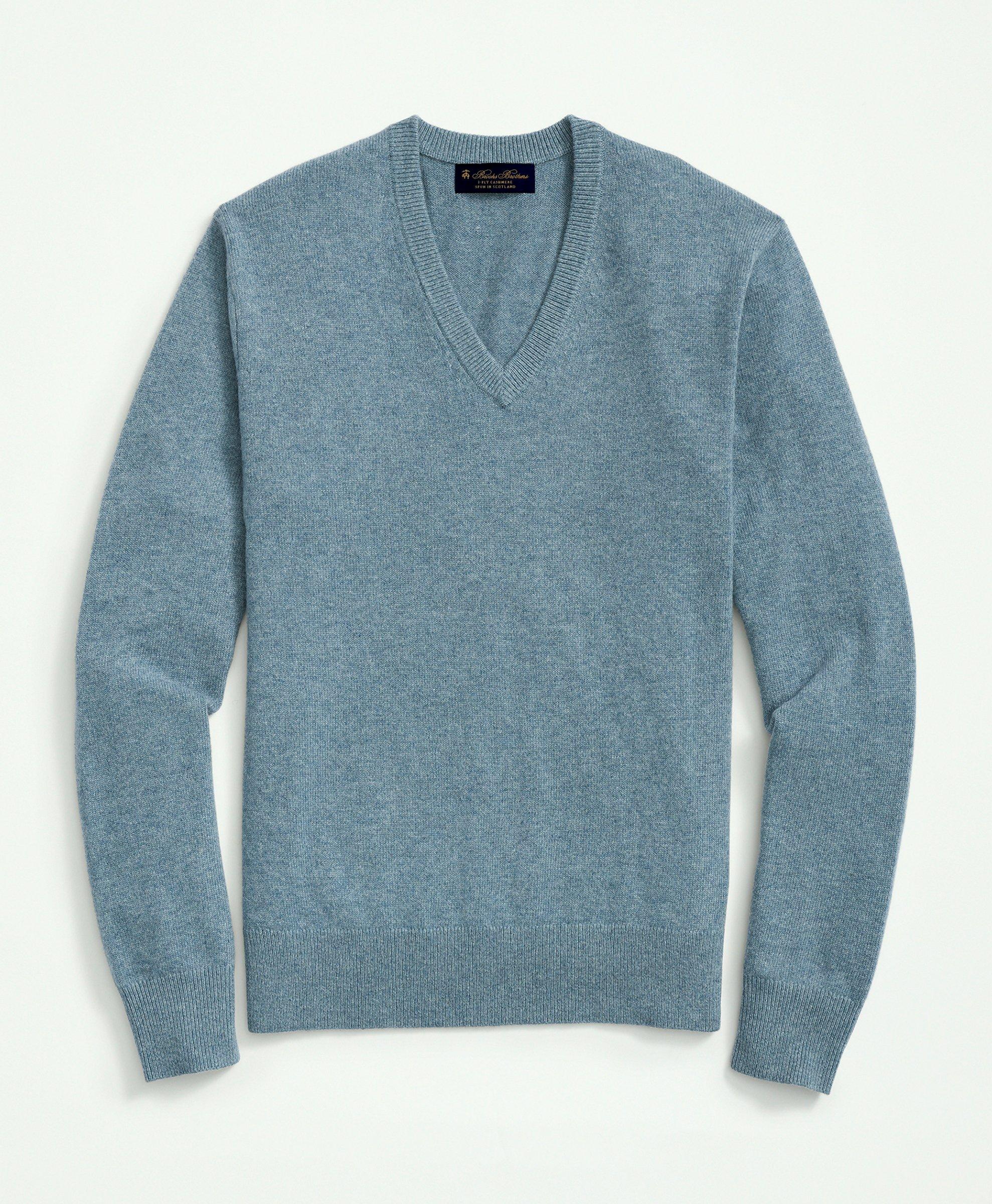 Brooks Brothers 3-ply Cashmere V-neck Sweater | Light Blue | Size Medium