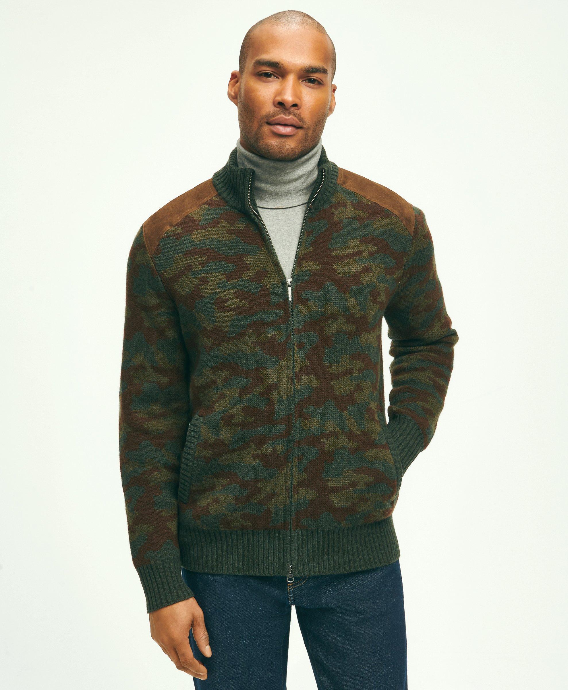 Brooks Brothers Merino Wool Stand Collar Camouflage Zip Cardigan | Green | Size Medium