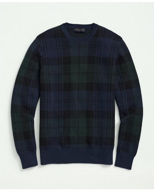 Brooks Brothers Cotton Black Watch Jacquard Crewneck Sweater | Navy | Size Small