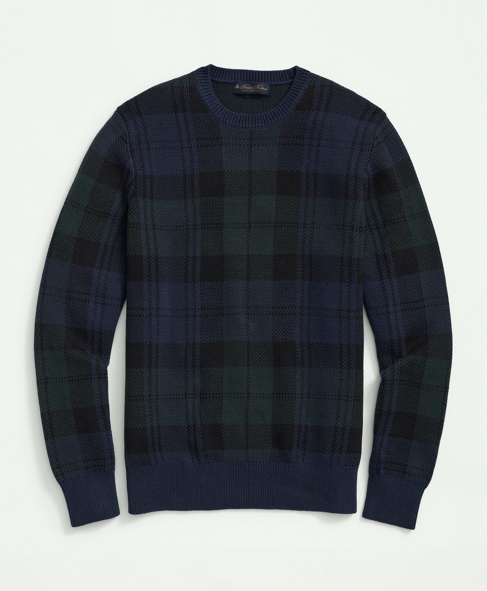 Brooks Brothers Cotton Black Watch Jacquard Crewneck Sweater | Navy | Size Medium