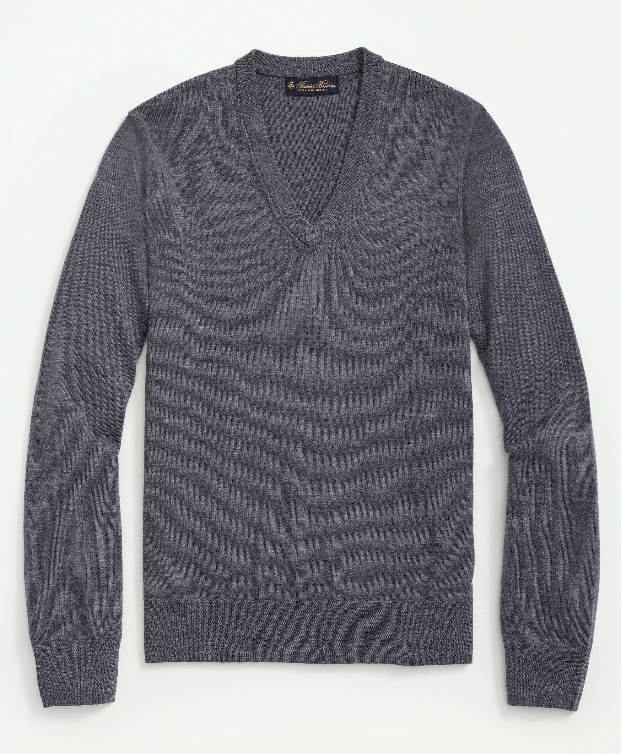 Brooks Brothers Fine Merino Wool V-neck Sweater | Grey Heather | Size Xl