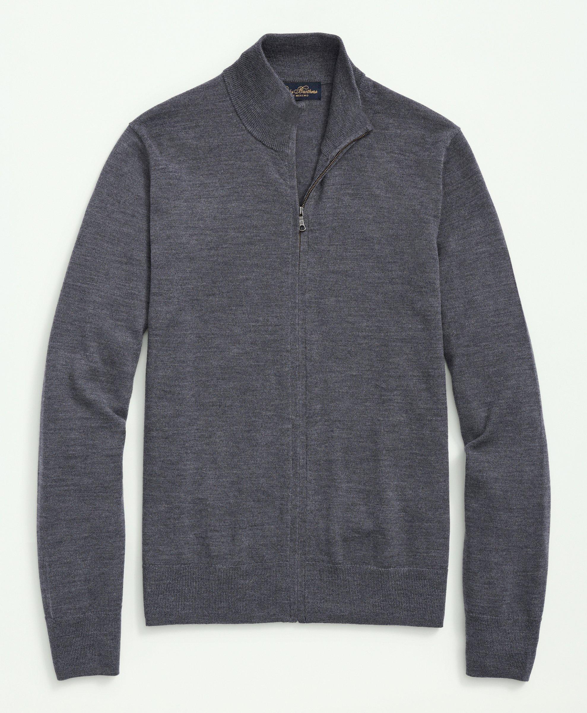 Brooks Brothers Fine Merino Wool Full Zip Sweater | Grey Heather | Size Small