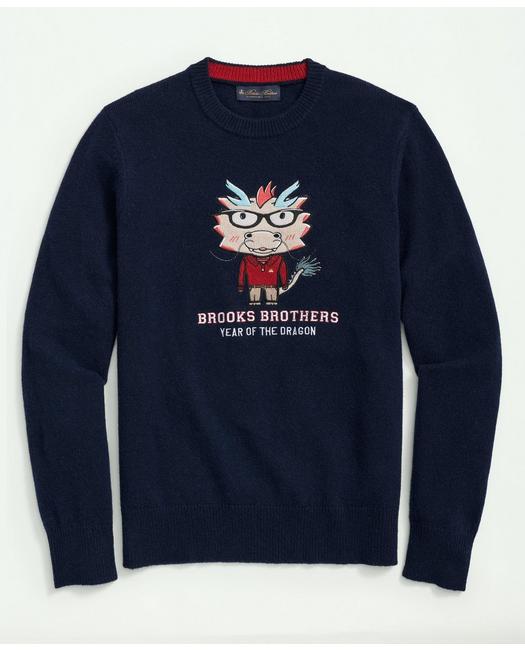Brooks Brothers Merino Wool Blend Crewneck Lunar New Year Dragon Embroidered Sweater | Navy | Size Xs
