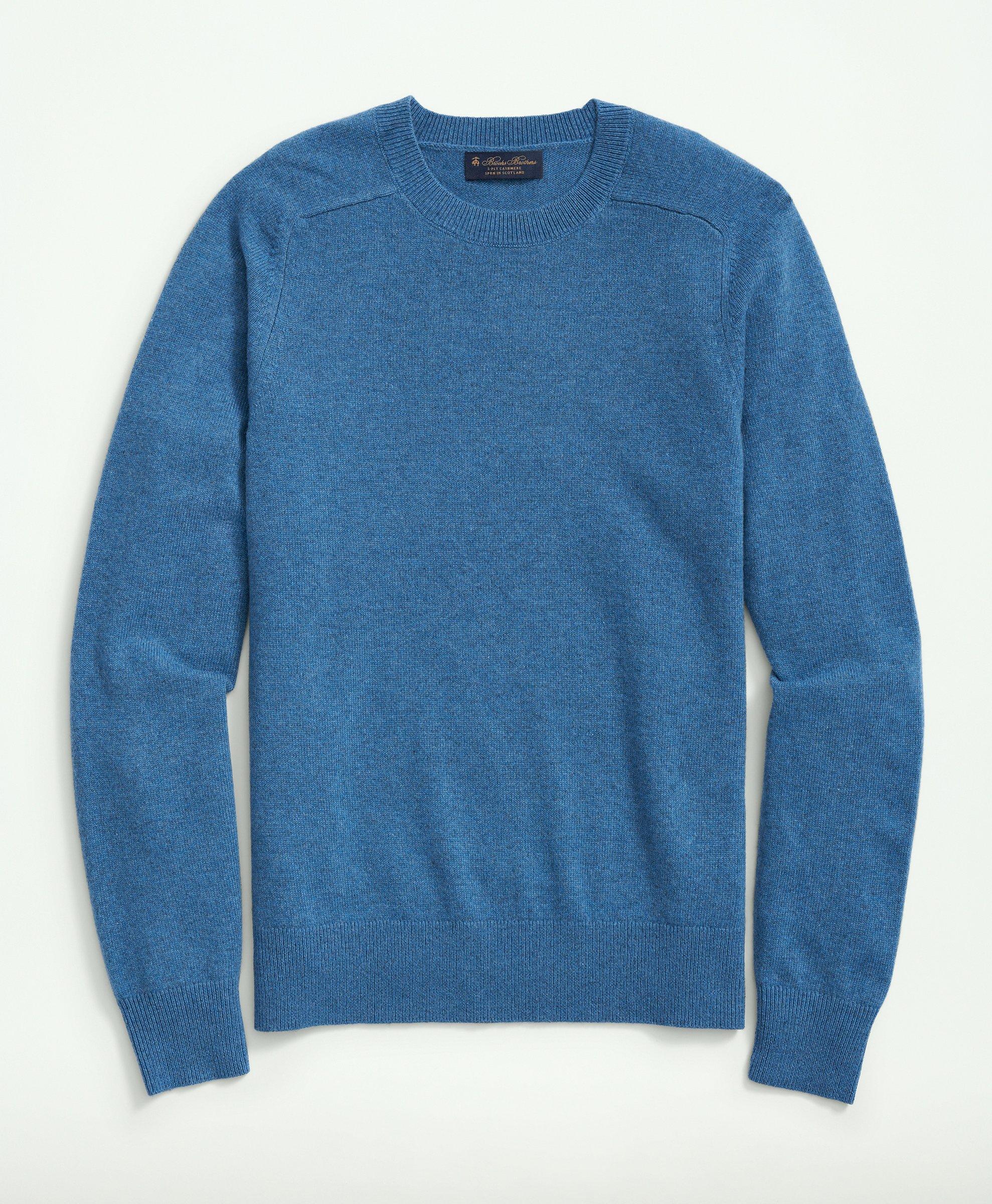 Brooks Brothers 3-ply Cashmere Crewneck Saddle Shoulder Sweater | Blue Heather | Size Large