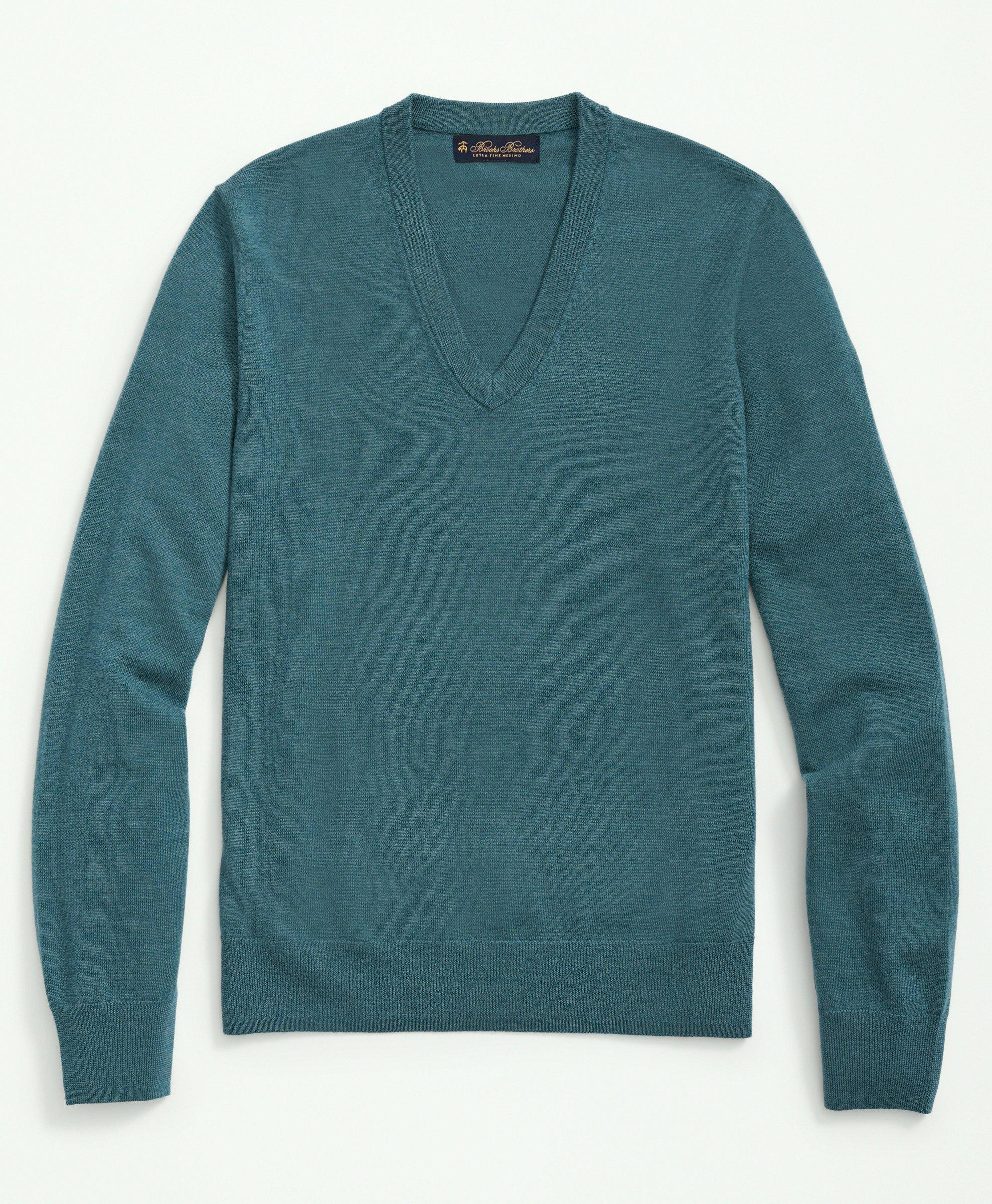 Brooks Brothers Fine Merino Wool V-neck Sweater | Teal | Size Medium