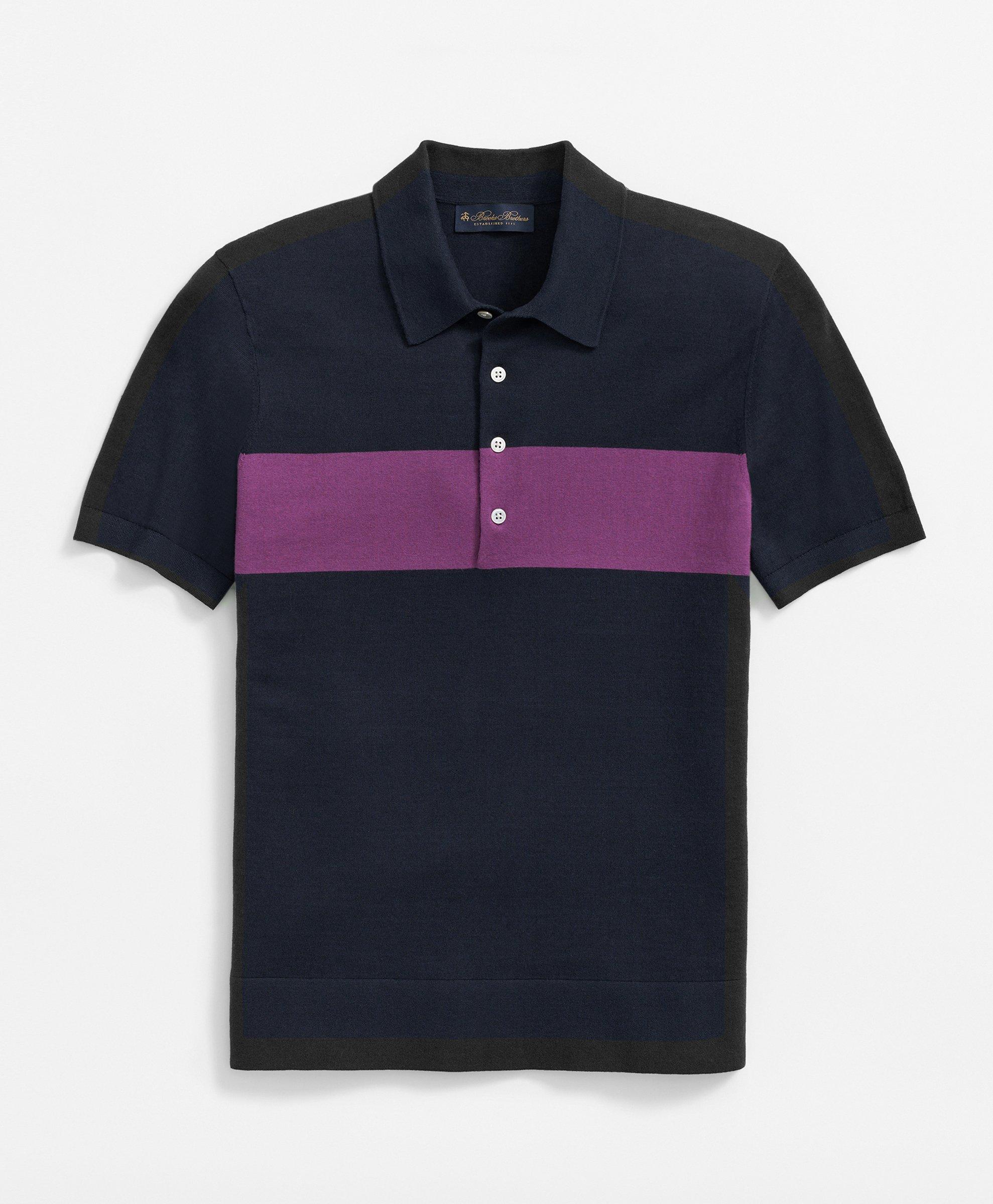 Brooks Brothers Luxe Short Sleeve Polo Sweater In Striped Cotton-cashmere In Navy