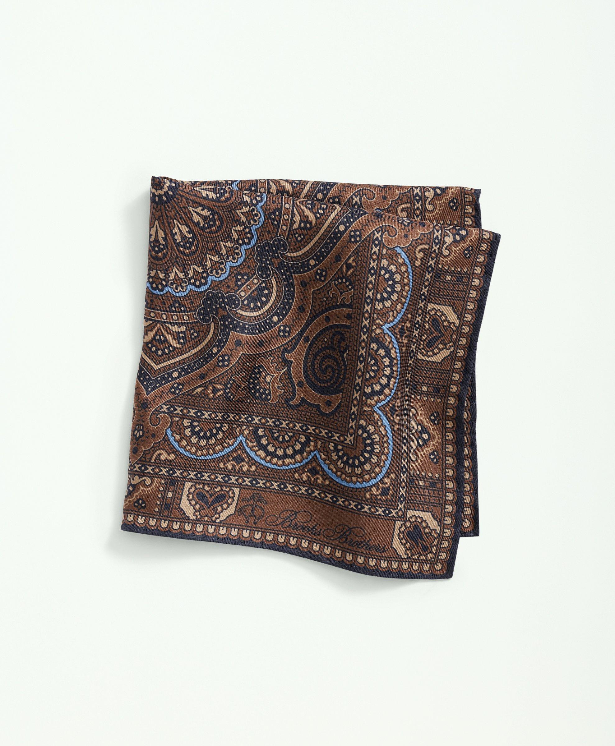 Brooks Brothers Silk Framed Medallion Pocket Square Tie | Navy/brown In Navy,brown