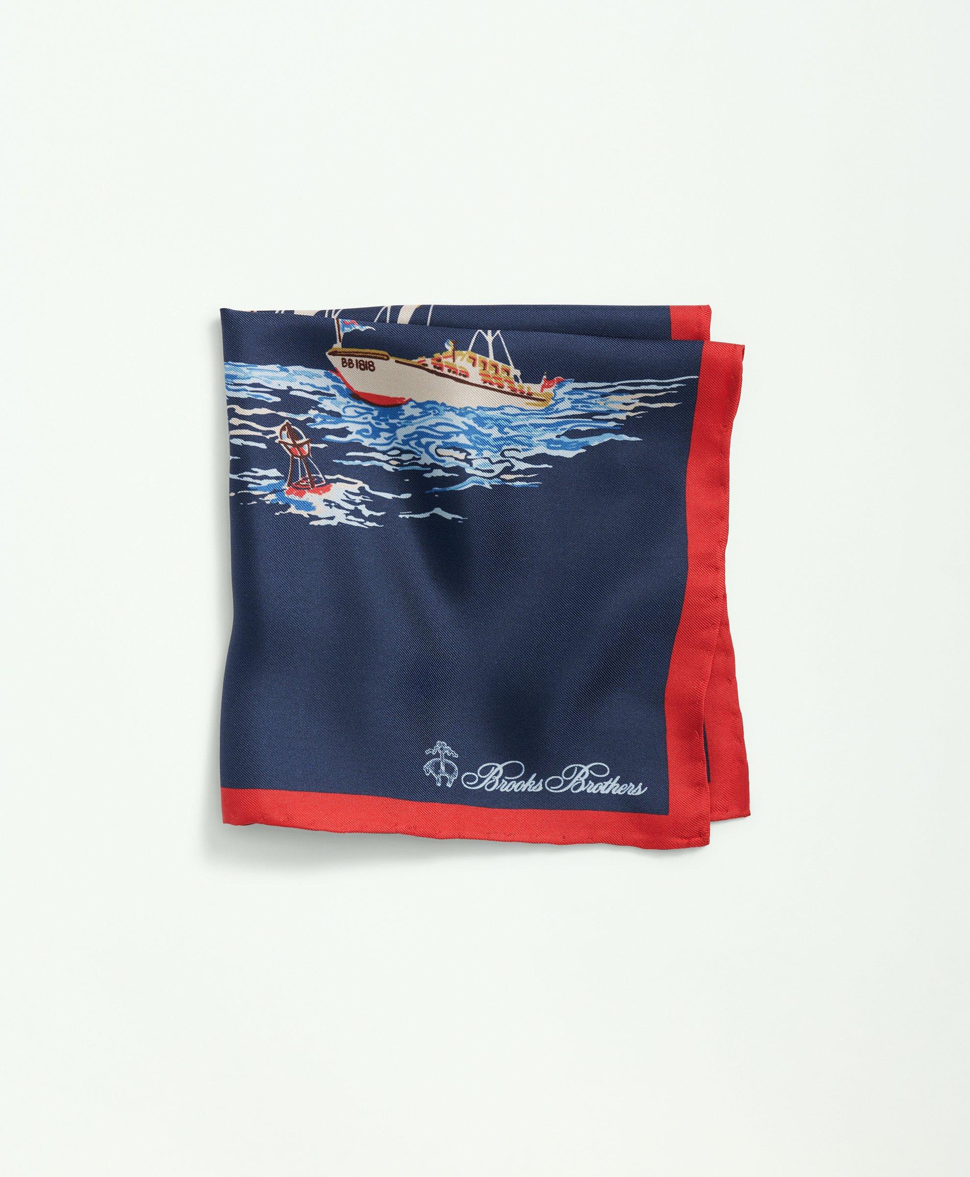 Brooks Brothers Sailboat Motif Silk Pocket Square Tie | Navy/red In Navy,red