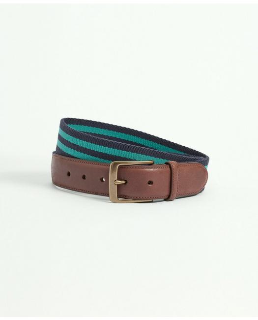 Brooks Brothers Webbed Cotton Belt With Brass-tone Buckle | Green/navy | Size 44 In Green,navy