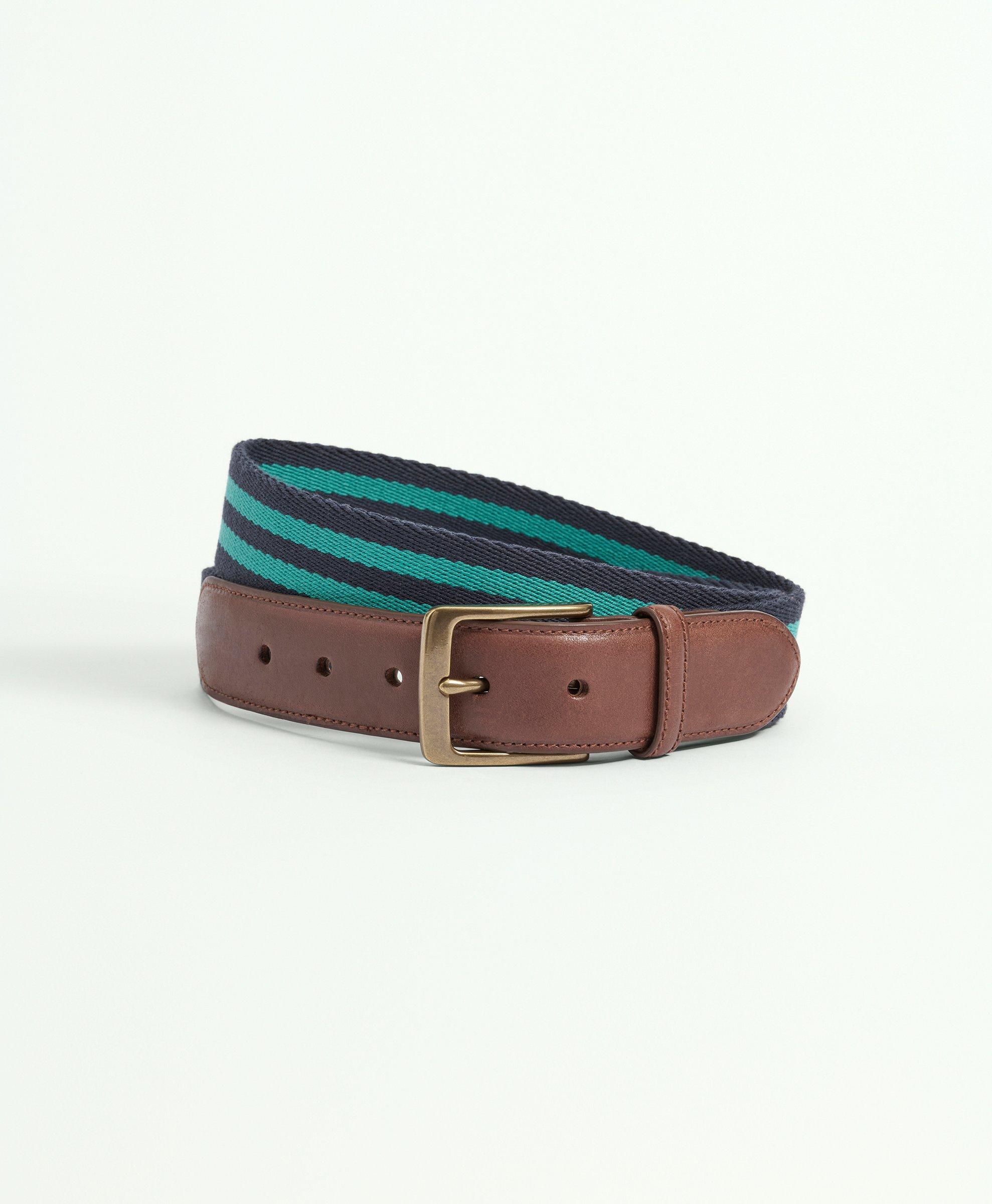 Brooks Brothers Webbed Cotton Belt With Brass-tone Buckle | Green/navy | Size 40 In Green,navy