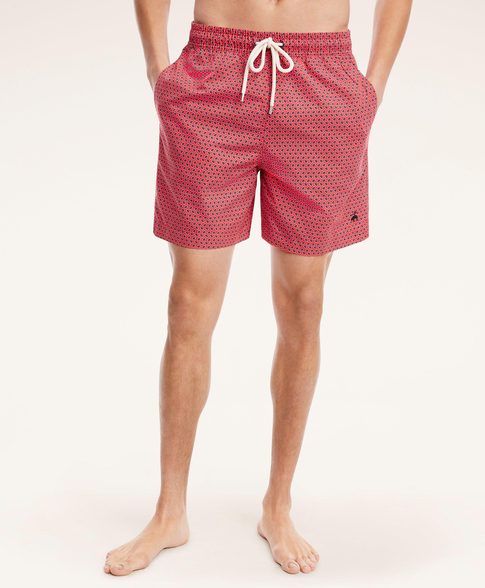 Brooks Brothers Paisley Print Swim Trunks | Red | Size Xs