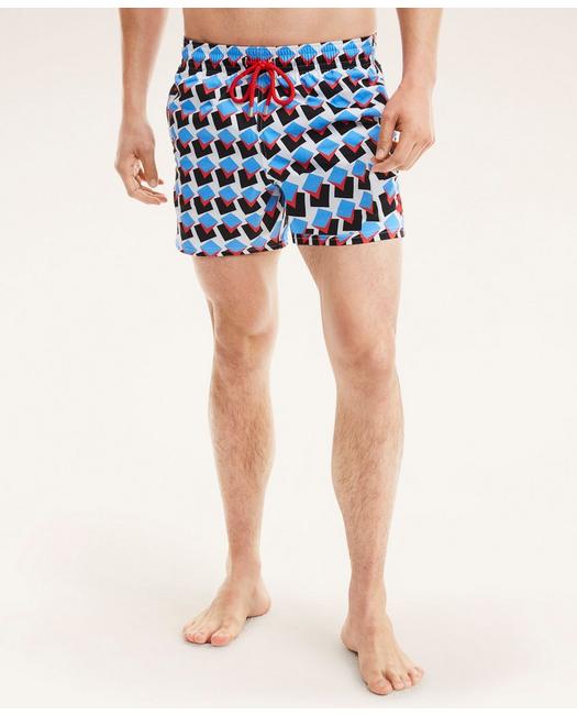 Brooks Brothers Et Vilebrequin Moorise Swim Trunks In The Square Pegs Print | Blue | Size Xs