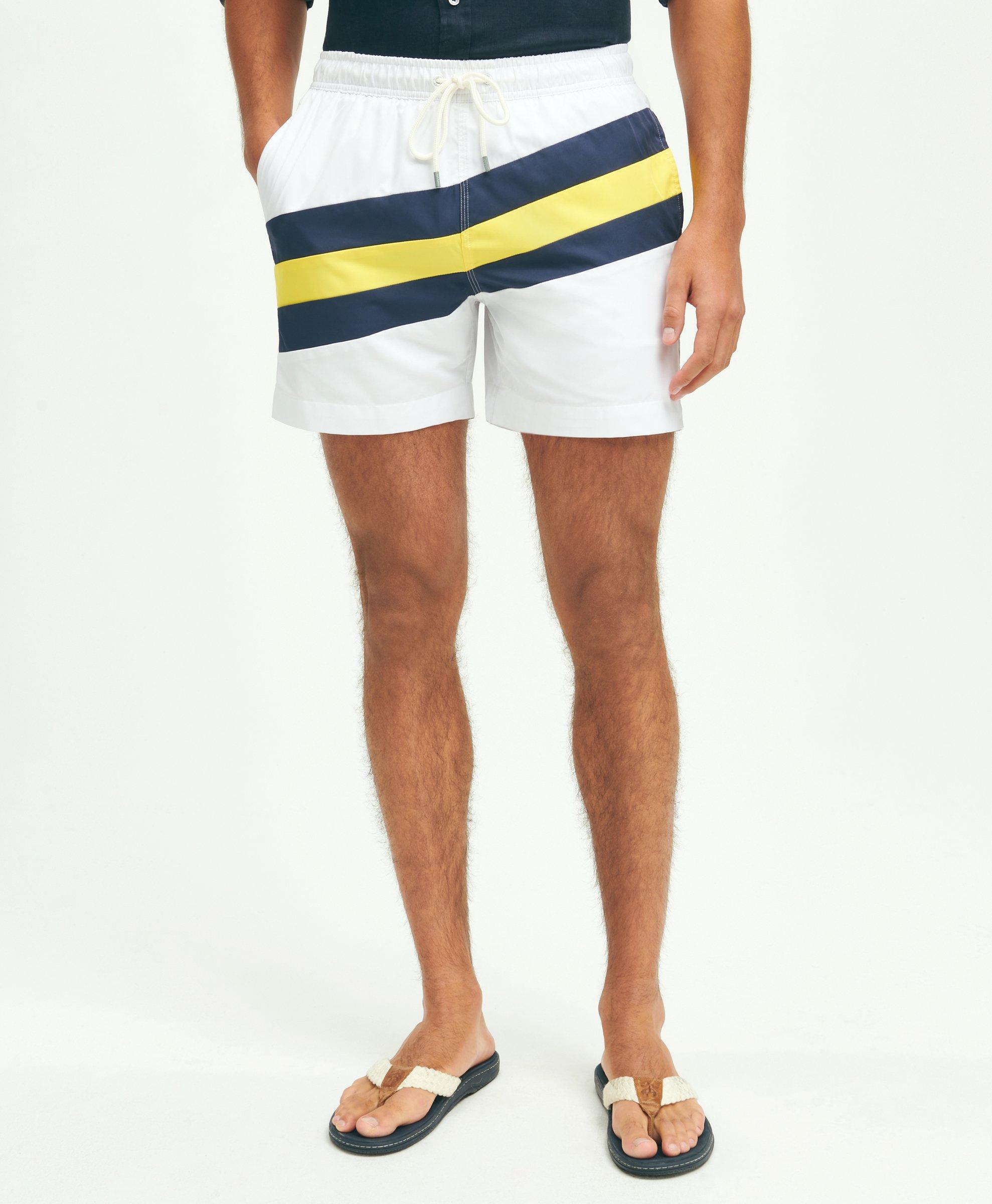 Brooks Brothers 5" Stretch Montauk Stripe Swim Trunks In White