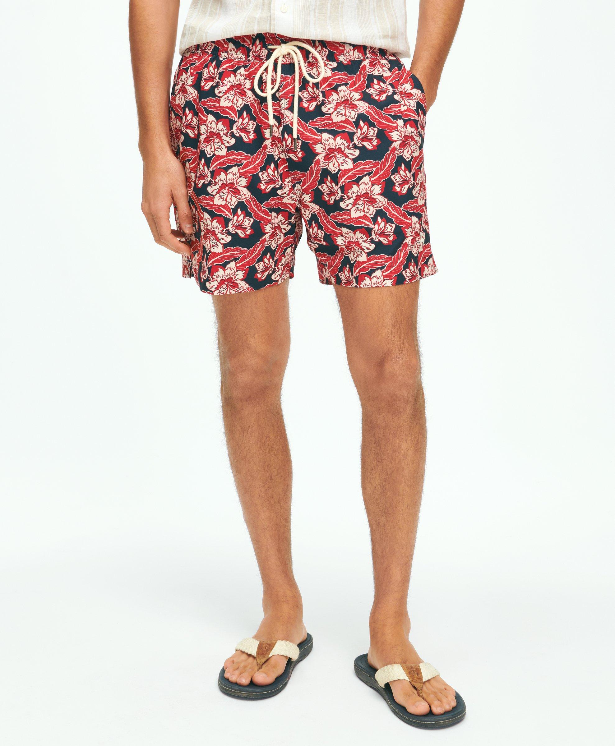Brooks Brothers 5" Montauk Printed Swim Trunks With Stretch In Navy