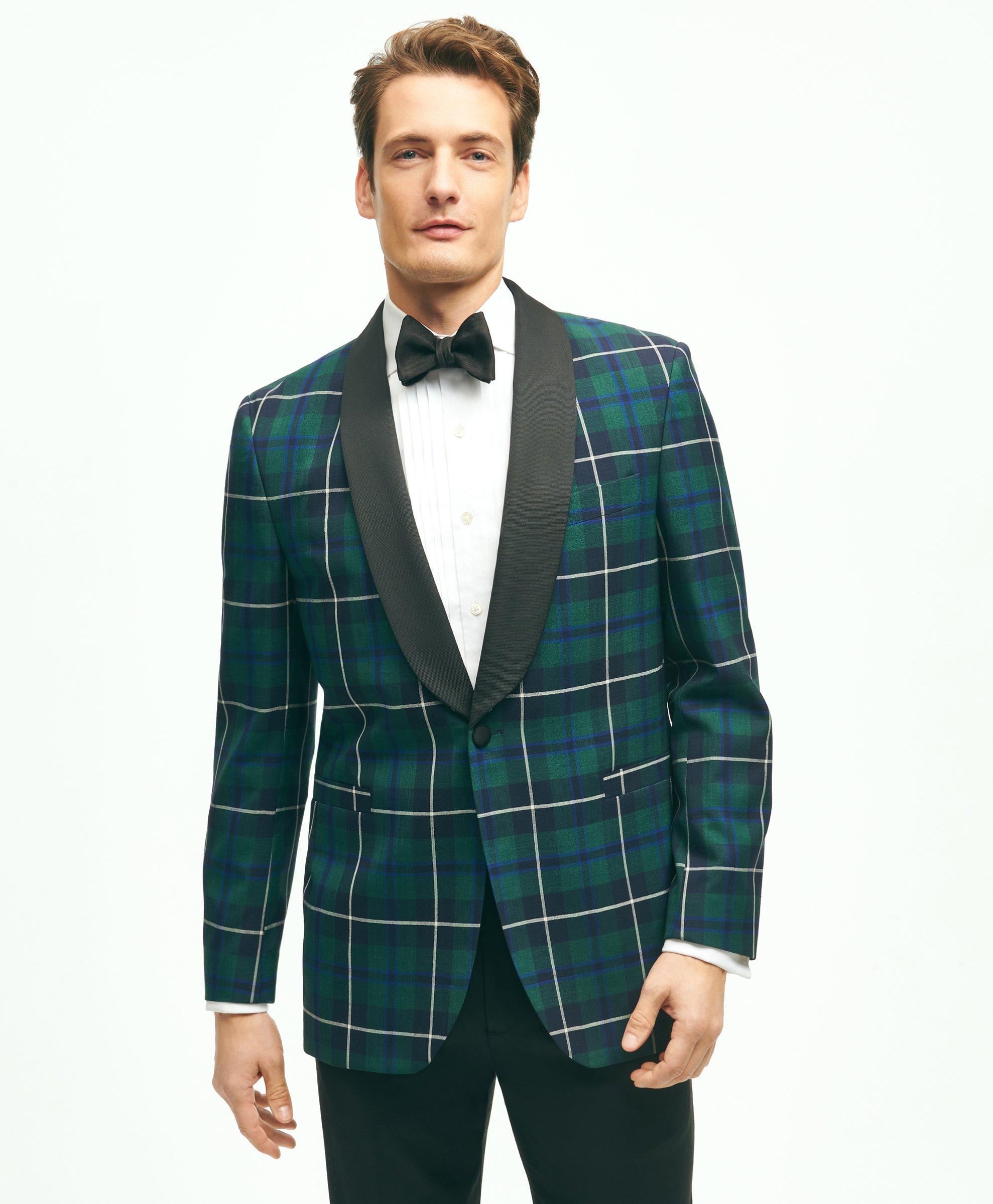 Brooks Brothers Regent Fit Wool Tartan Tuxedo Dinner Jacket | Green | Size 41 Regular