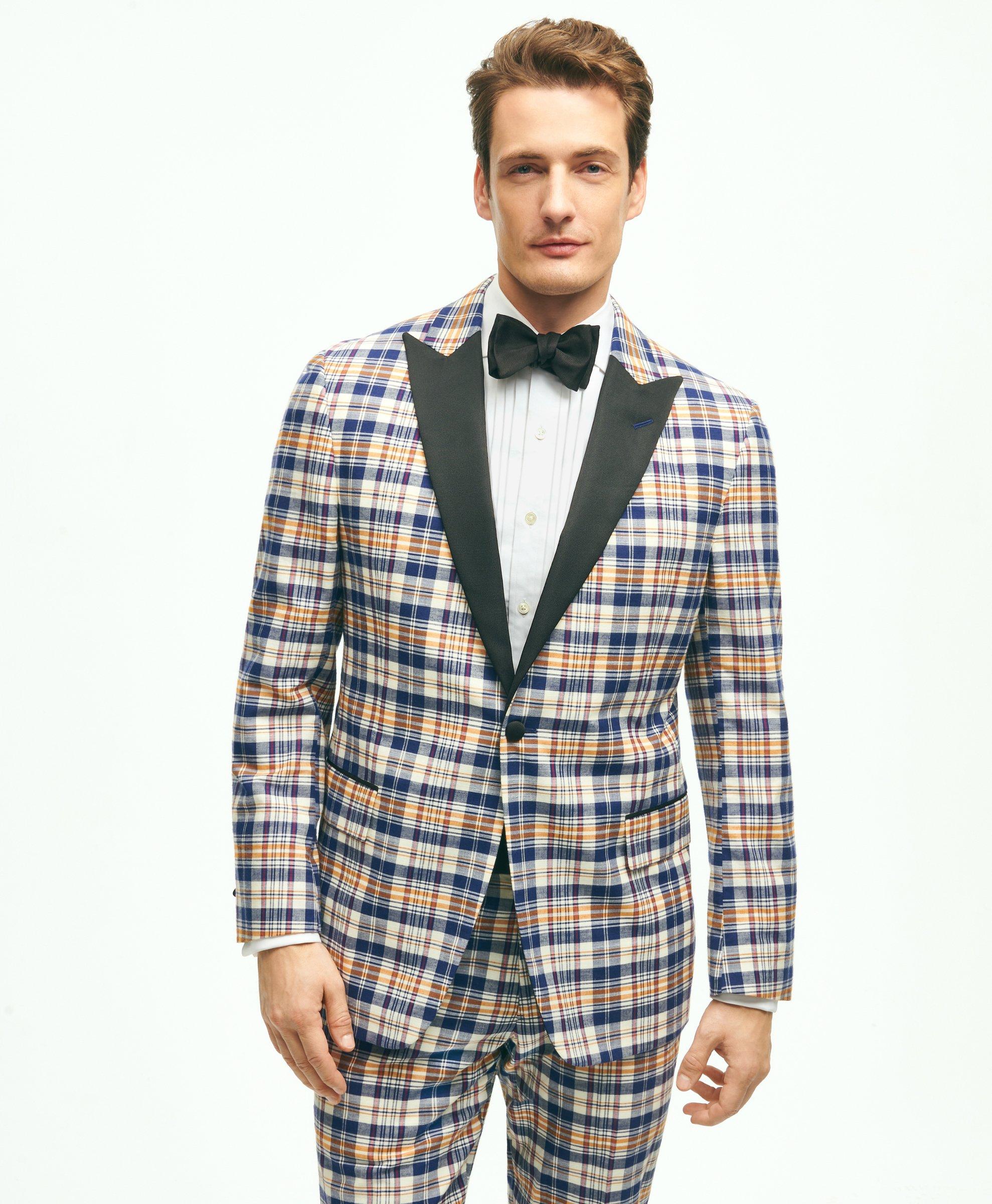 Brooks Brothers Regent Fit Cotton Madras Tuxedo Dinner Jacket | Beige | Size 44 Regular