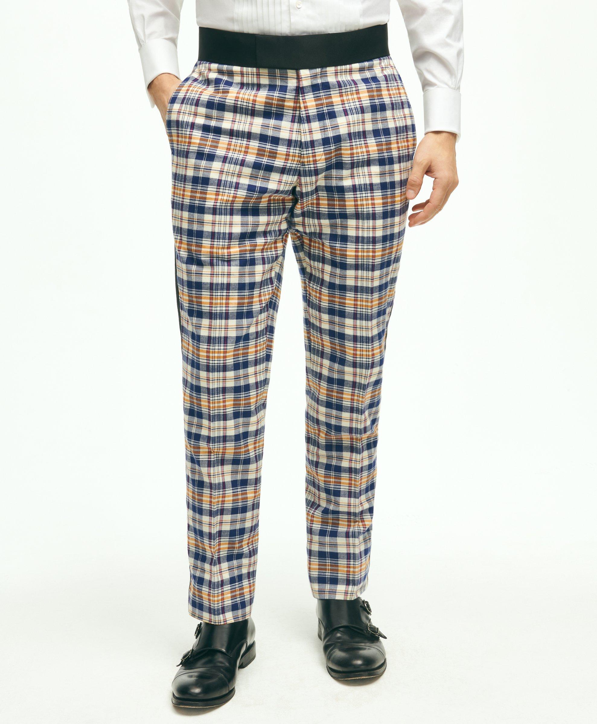 Brooks Brothers Regent Fit Cotton Madras Tuxedo Pants In Beige