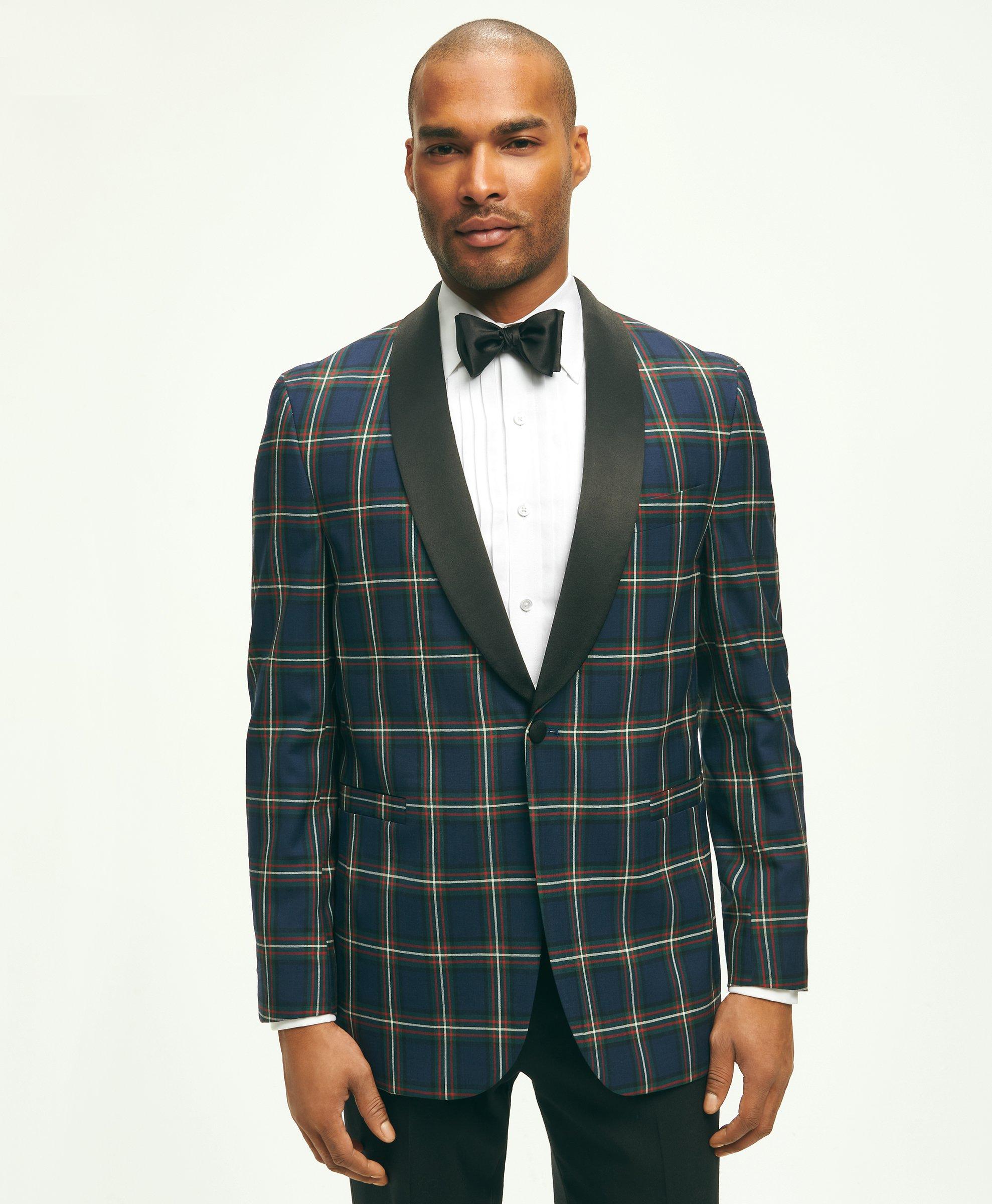 Brooks Brothers Classic Fit Wool Tartan Dinner Jacket | Navy | Size 40 Regular