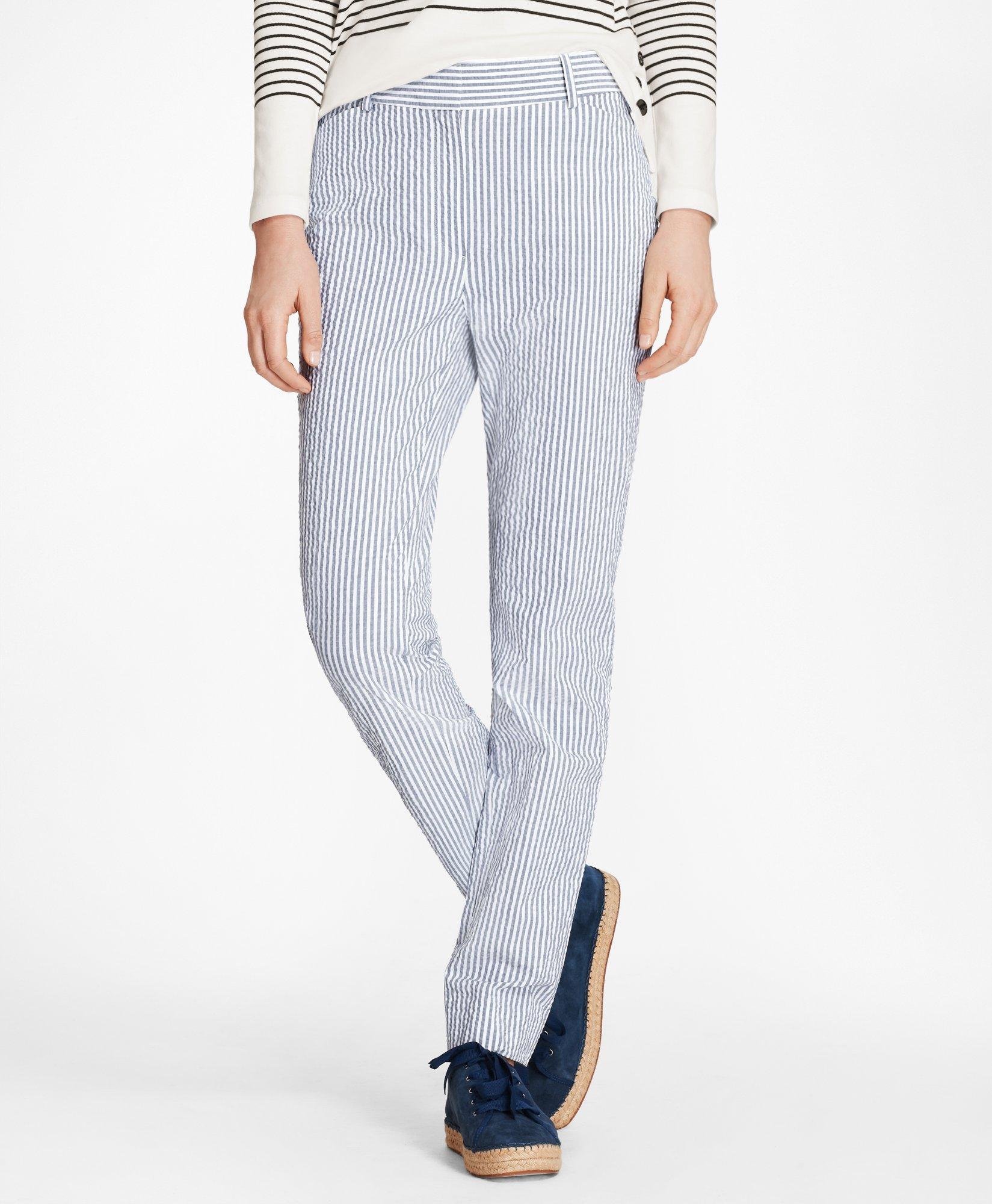 Brooks Brothers Striped Stretch Cotton Seersucker Pants | Blue/white | Size 0 Petite In Blue,white