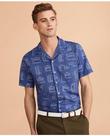 Surfboard-Print Linen-Cotton Camp Collar Short-Sleeve Shirt