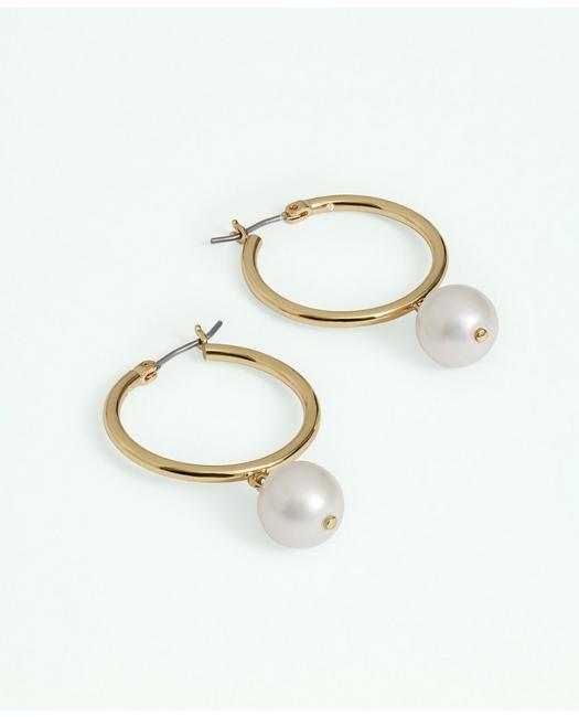 Brooks Brothers Drop Glass Pearl Hoop Earrings | Gold