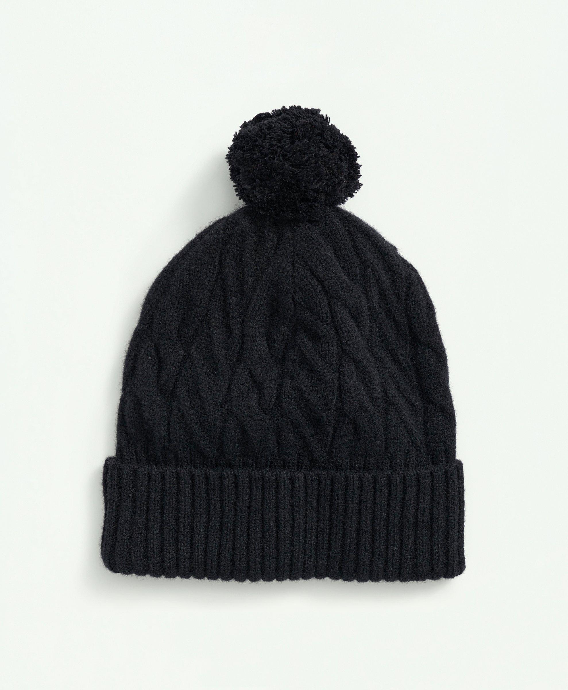 Brooks Brothers Merino Wool And Cashmere Blend Cable Knit Pom Beanie | Black