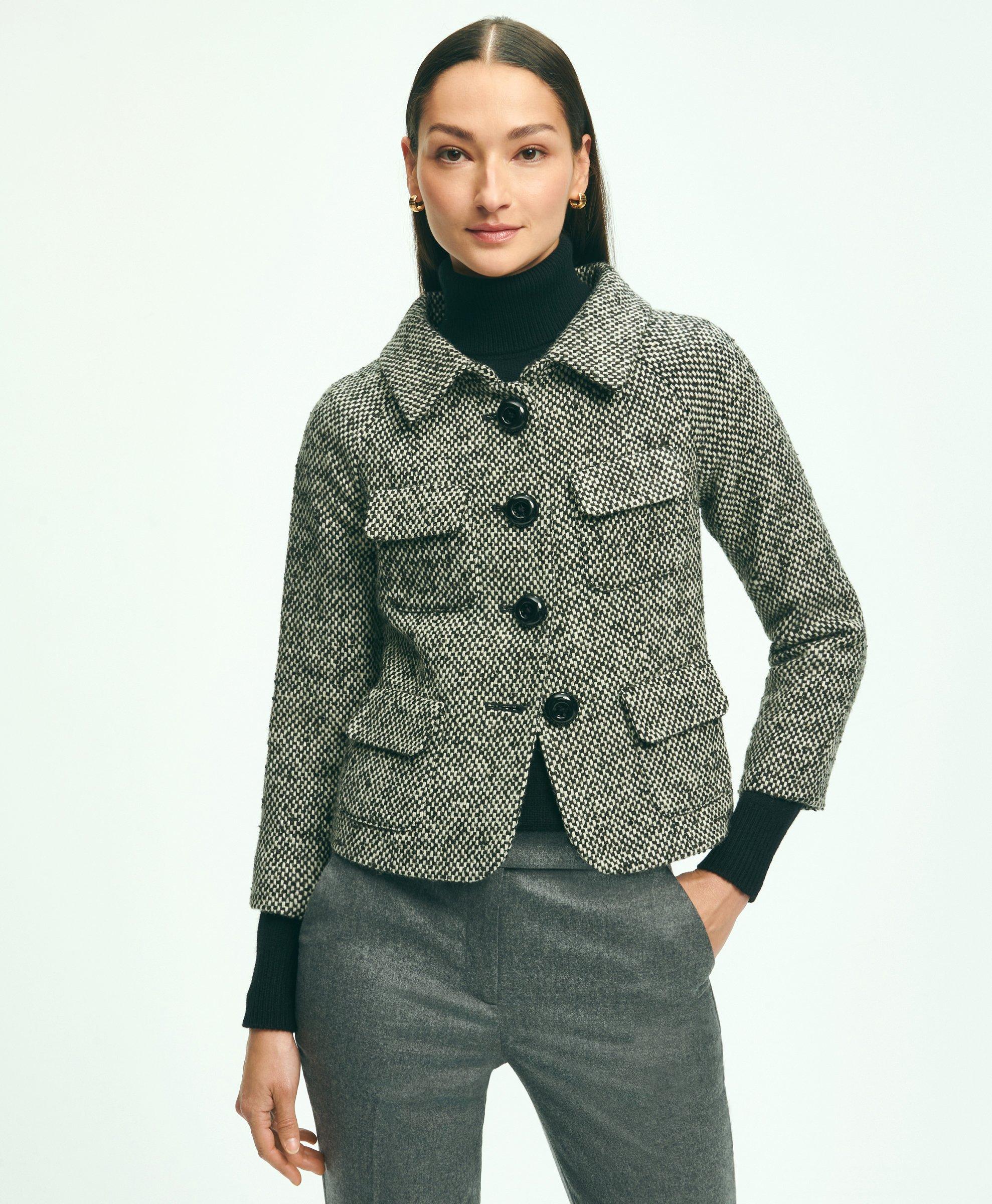 Brooks Brothers Wool Blend Cropped Tweed Jacket | Black | Size 12