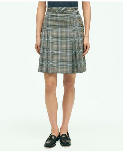Stretch Wool Prince of Wales A-Line Pleated Skirt