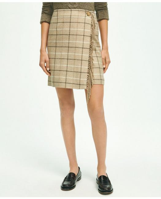 Brooks Brothers Wool Blend Windowpane Fringed Wrap Skirt | Beige | Size 8