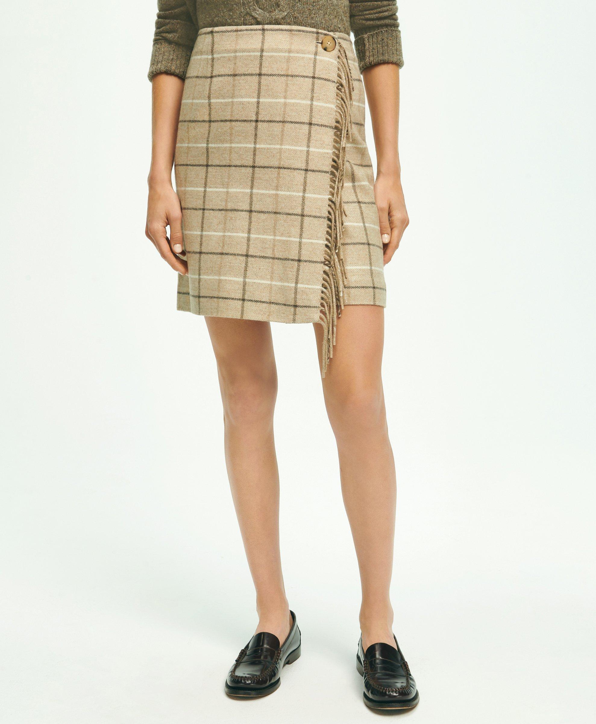 Brooks Brothers Wool Blend Windowpane Fringed Wrap Skirt | Beige | Size 6