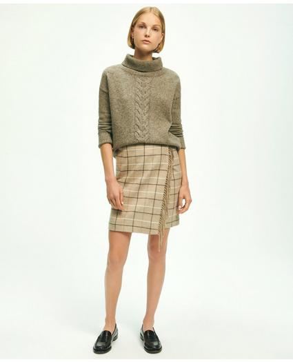 Wool Blend Windowpane Fringed Wrap Skirt