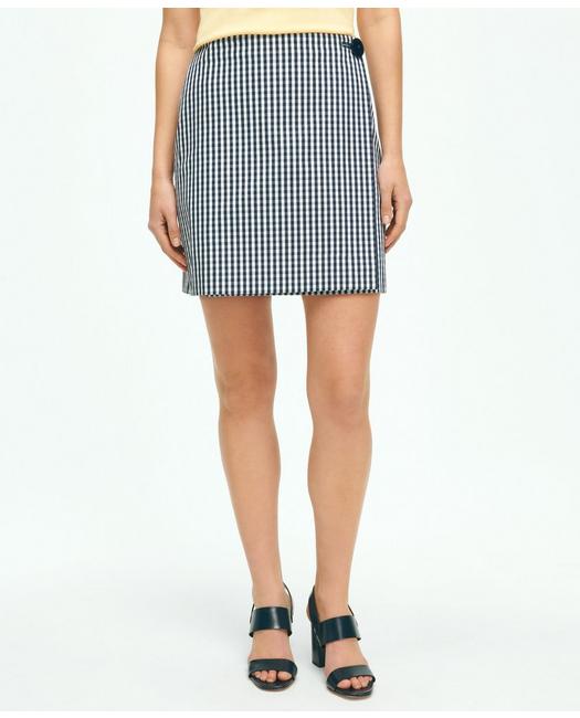Brooks Brothers Gingham Wrap Skirt In Bi-stretch Cotton Twill | Navy | Size 8
