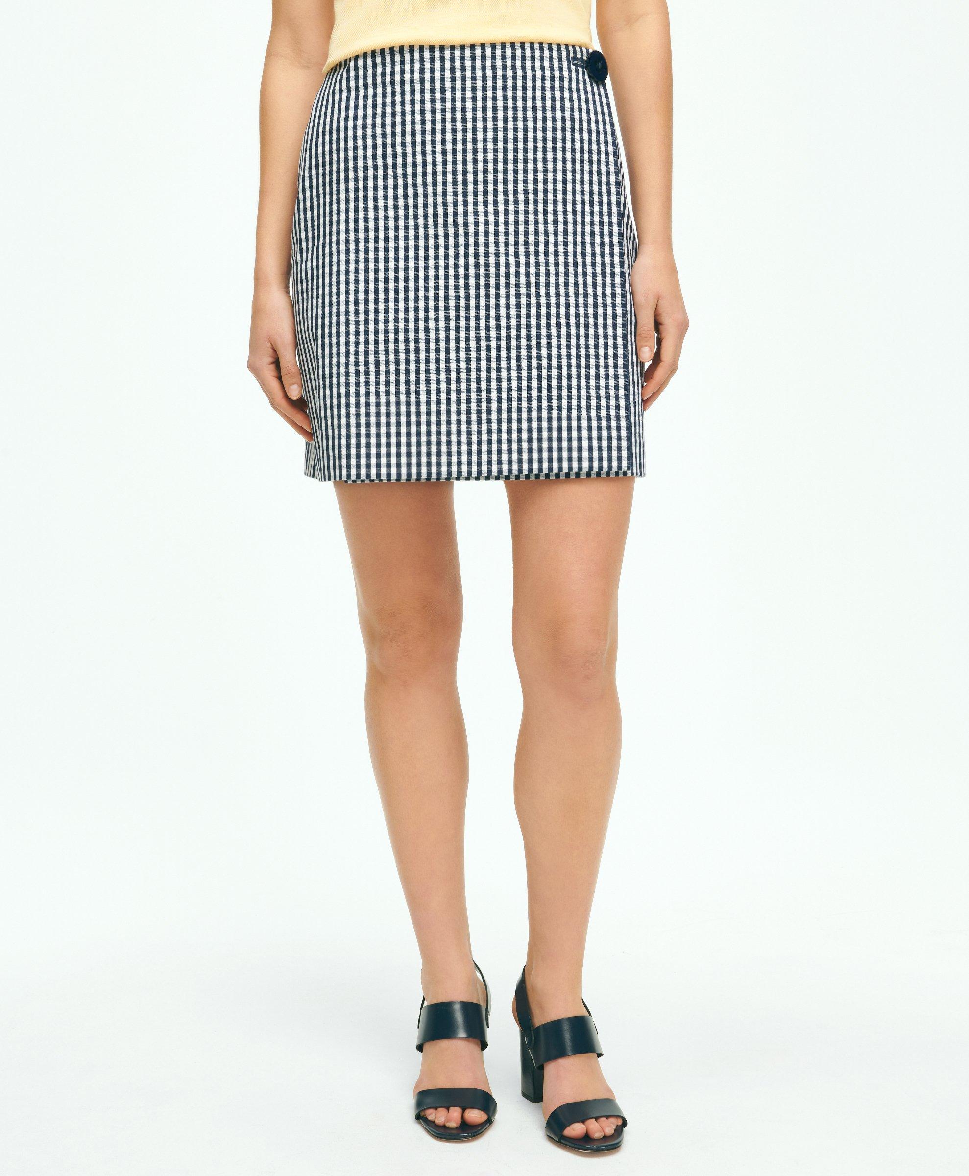 Brooks Brothers Gingham Wrap Skirt In Bi-stretch Cotton Twill | Navy | Size 8